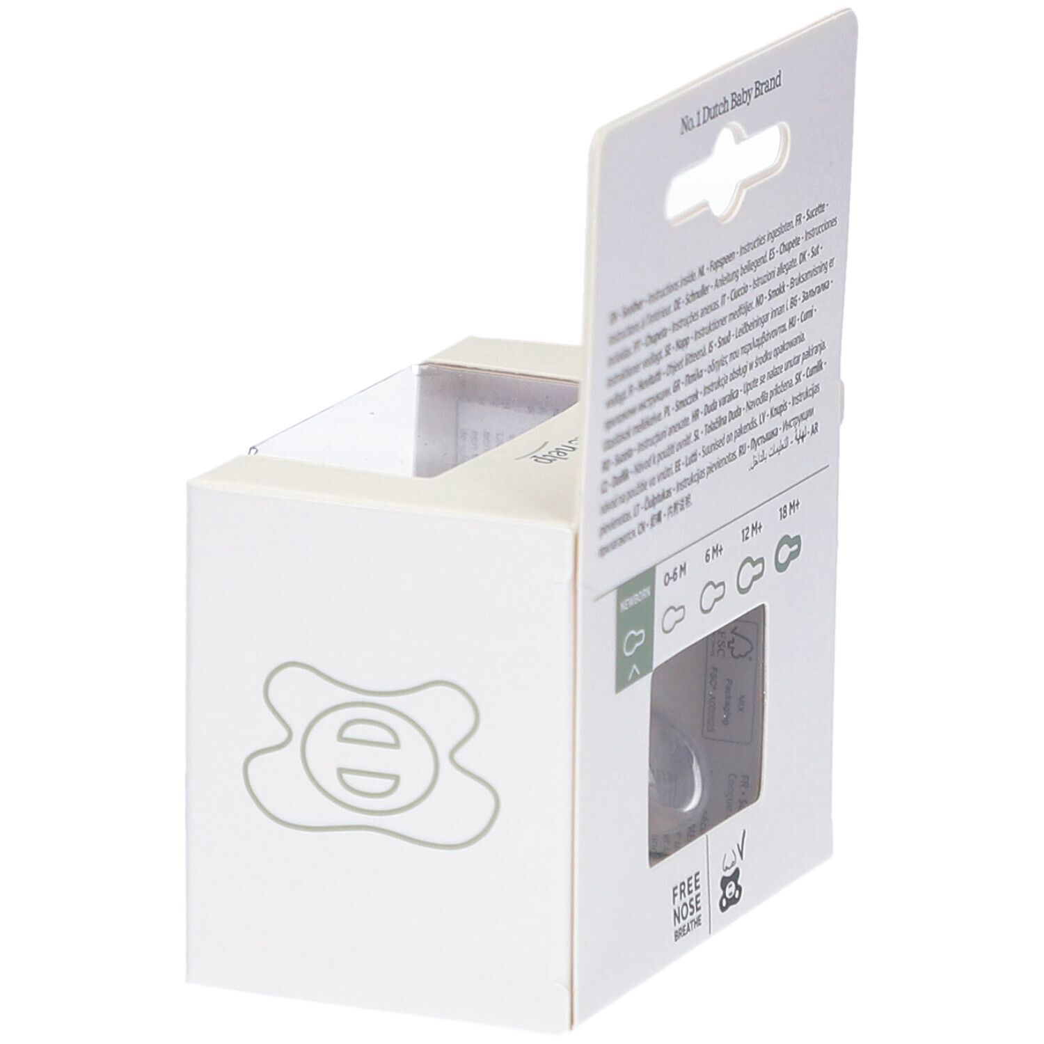 Emballage. Texte : New Born, 0-6M, 6M+, 12M+, 18M+. Marque : Free Nose Breathe.