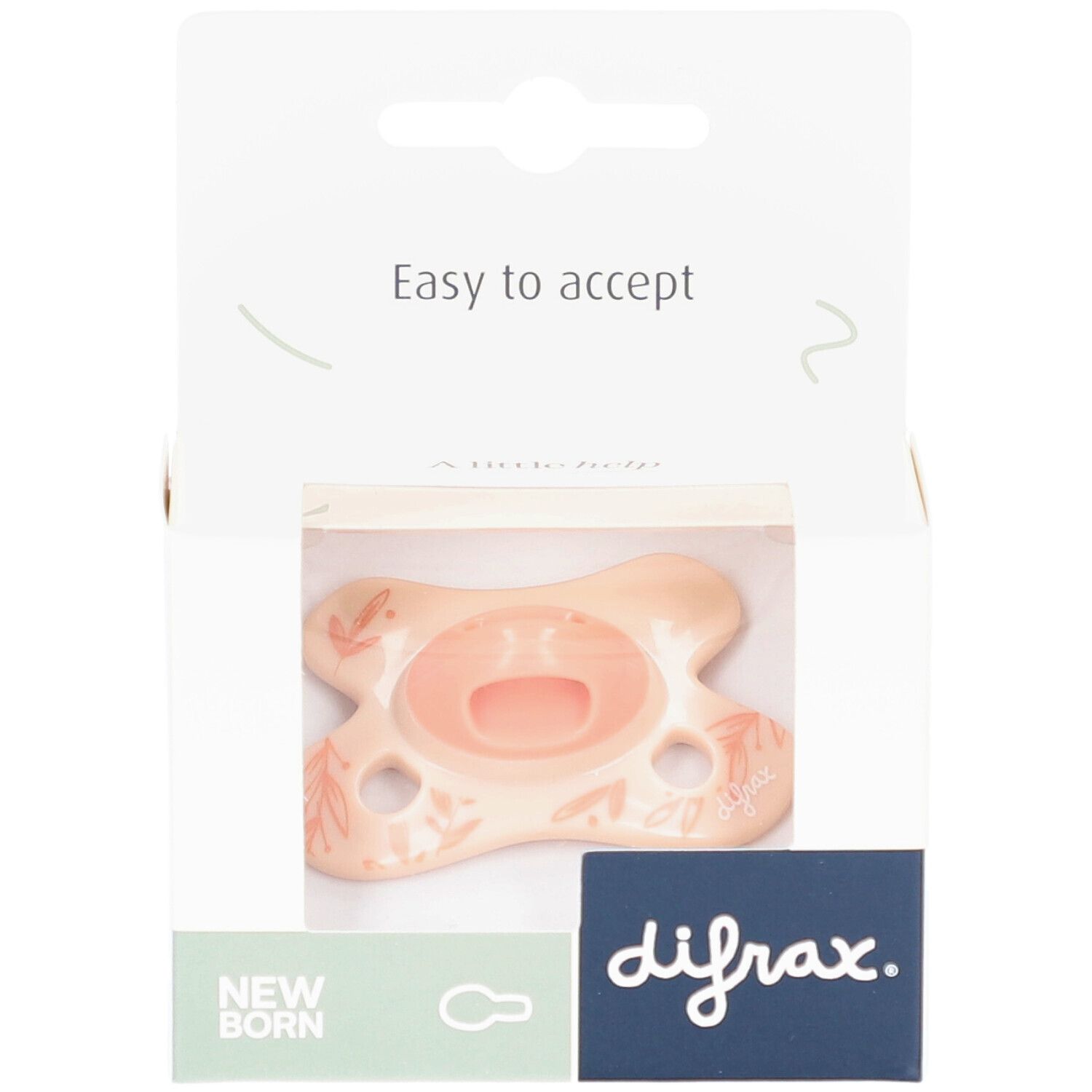 Emballage de sucette. Sucette rose avec motif feuilles. Marque : difrax. Texte : Easy to accept, New Born.