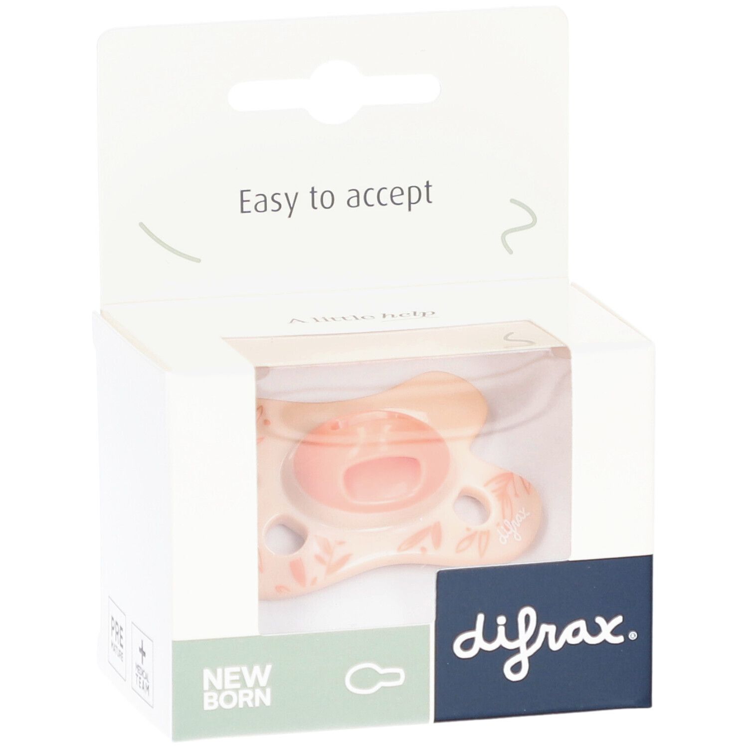 Emballage de sucette. Sucette rose avec motif feuilles. Marque : difrax. Texte : Easy to accept, New Born.