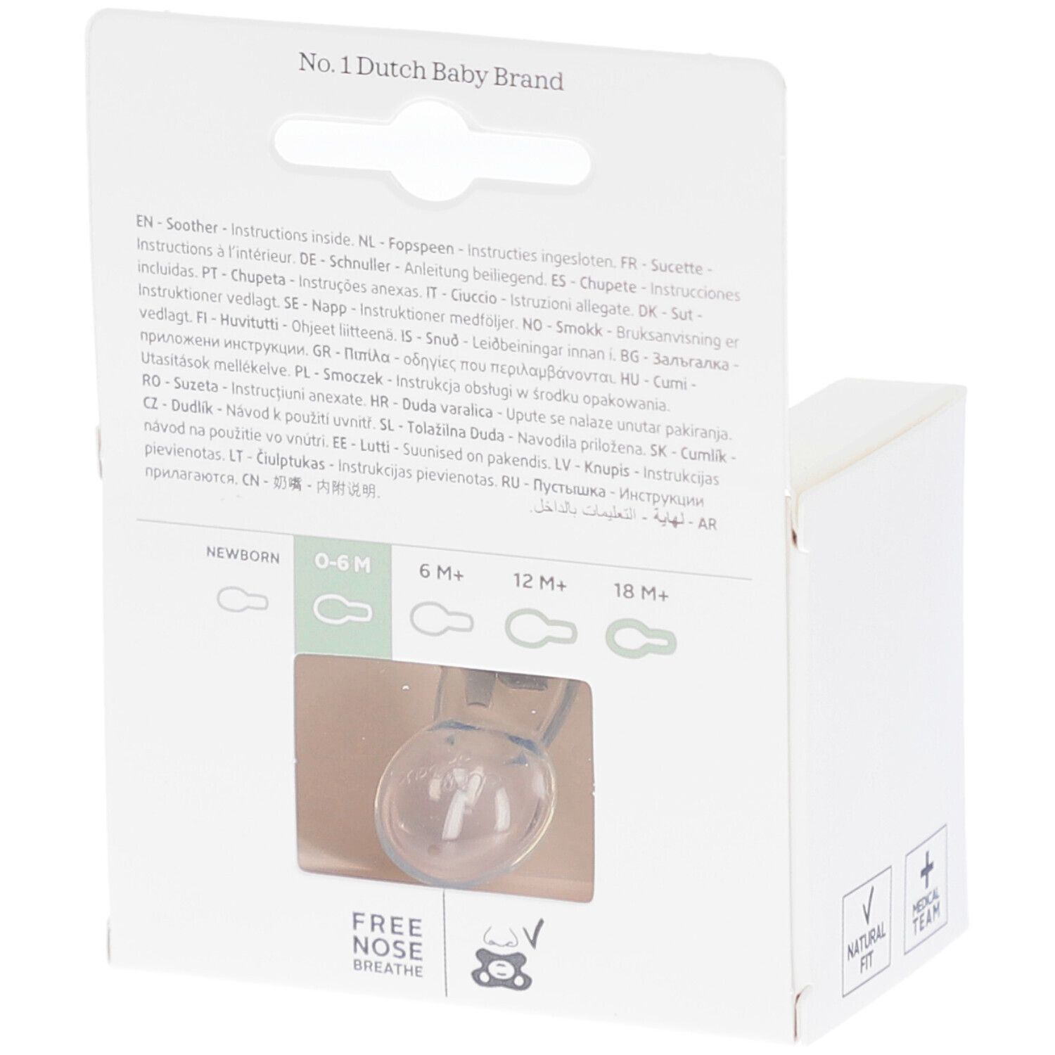 Dos de l'emballage. Texte multilingue. Illustrations de sucettes. Marque difrax.