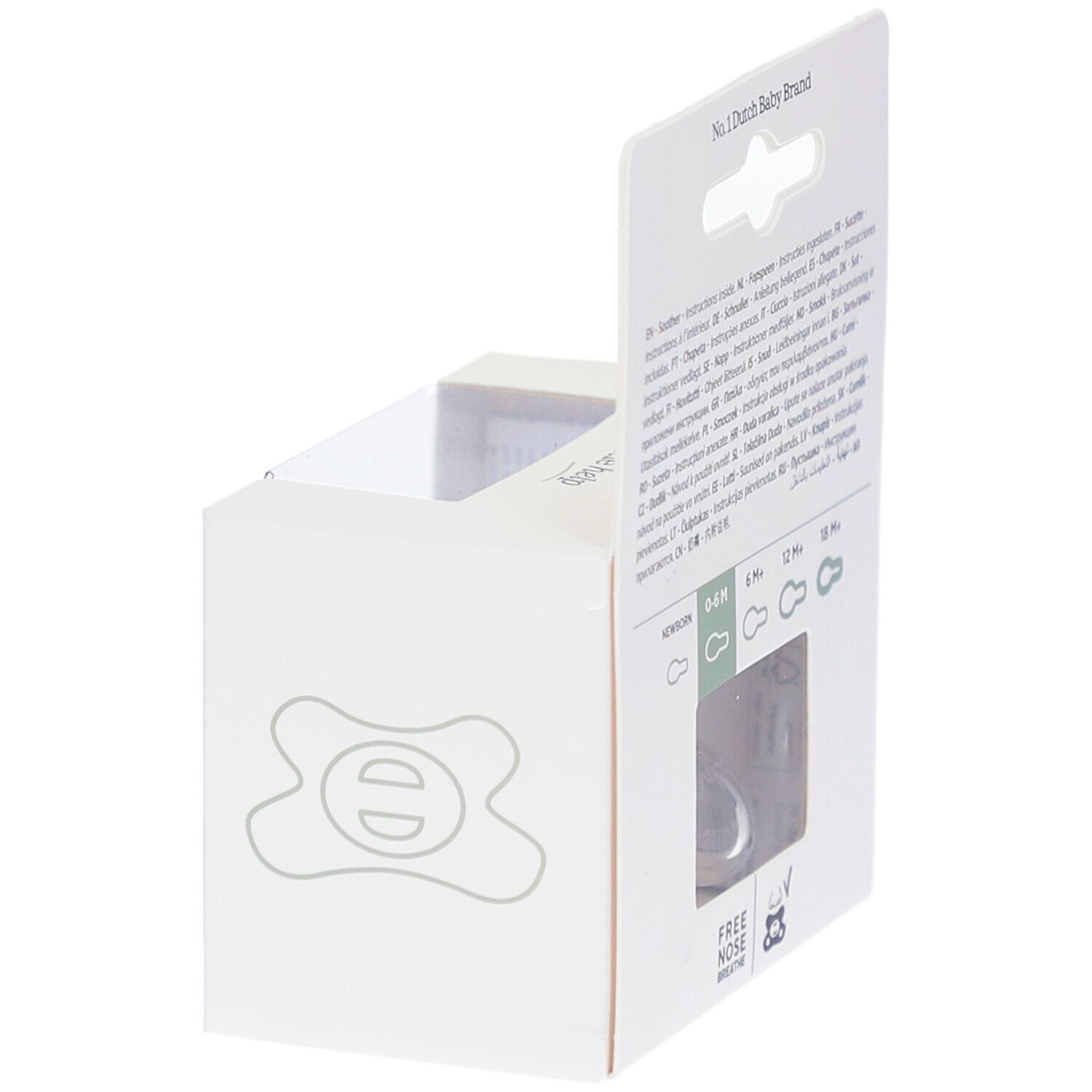 Emballage, vue latérale. Marque difrax. Illustration d'une sucette. Texte: 0-6M.