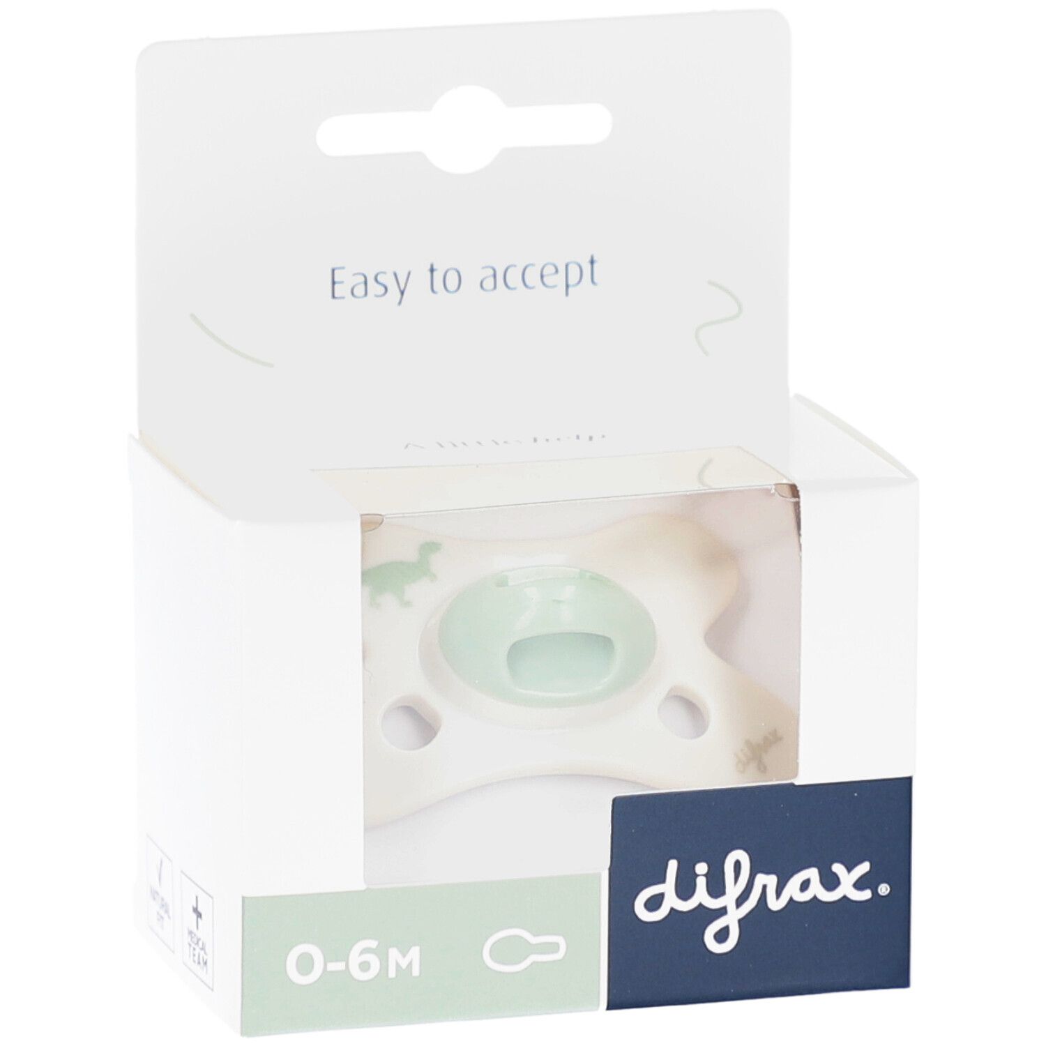 Sucette dans emballage. Tétine vert clair, bouclier crème avec motif dinosaure. Marque difrax, 0-6M.