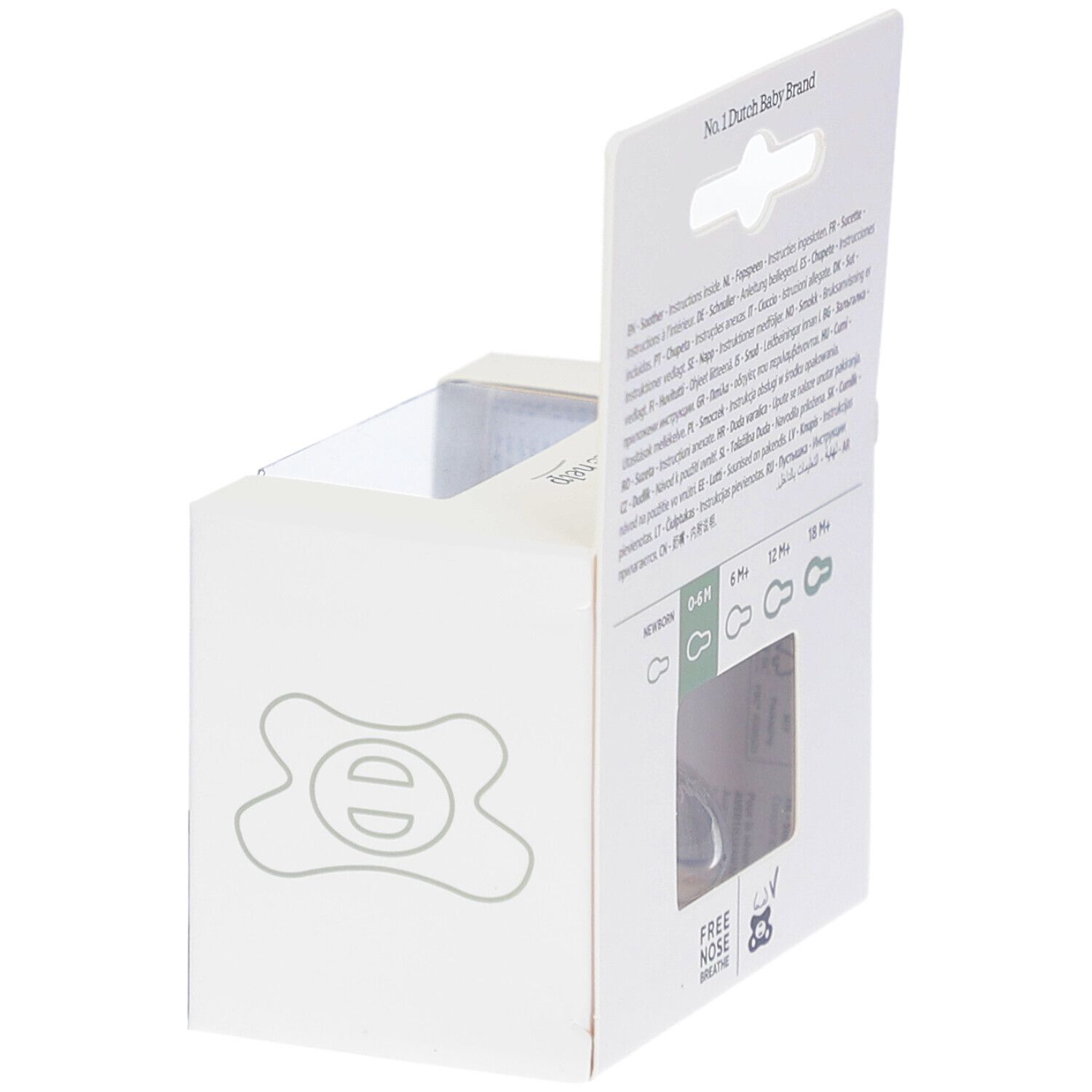 Vue latérale de l'emballage avec texte et pictogrammes. La sucette est visible à travers une fenêtre.