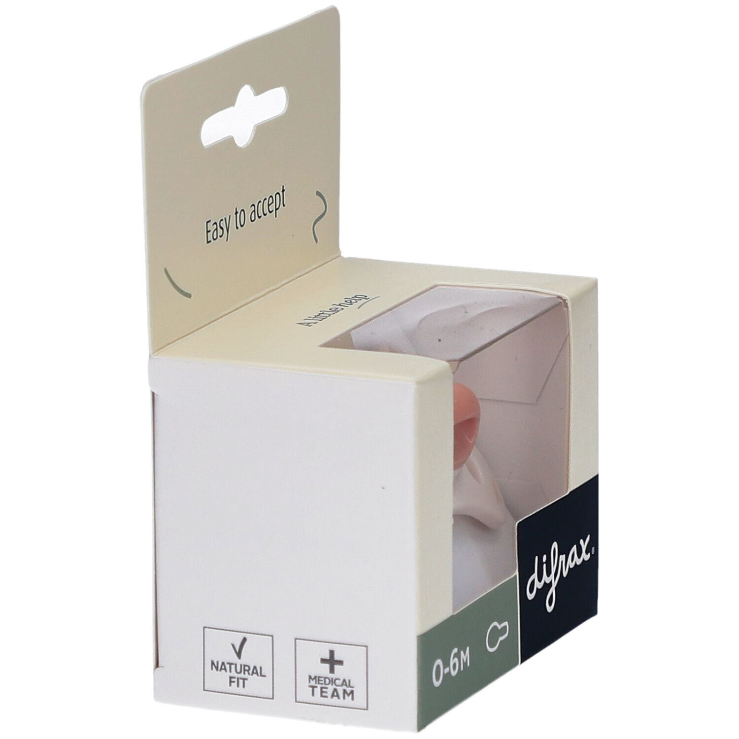 Emballage de sucette. Blanc, avec fenêtre. Marque : difrax. Texte : Natural Fit, Medical Team, 0-6M.