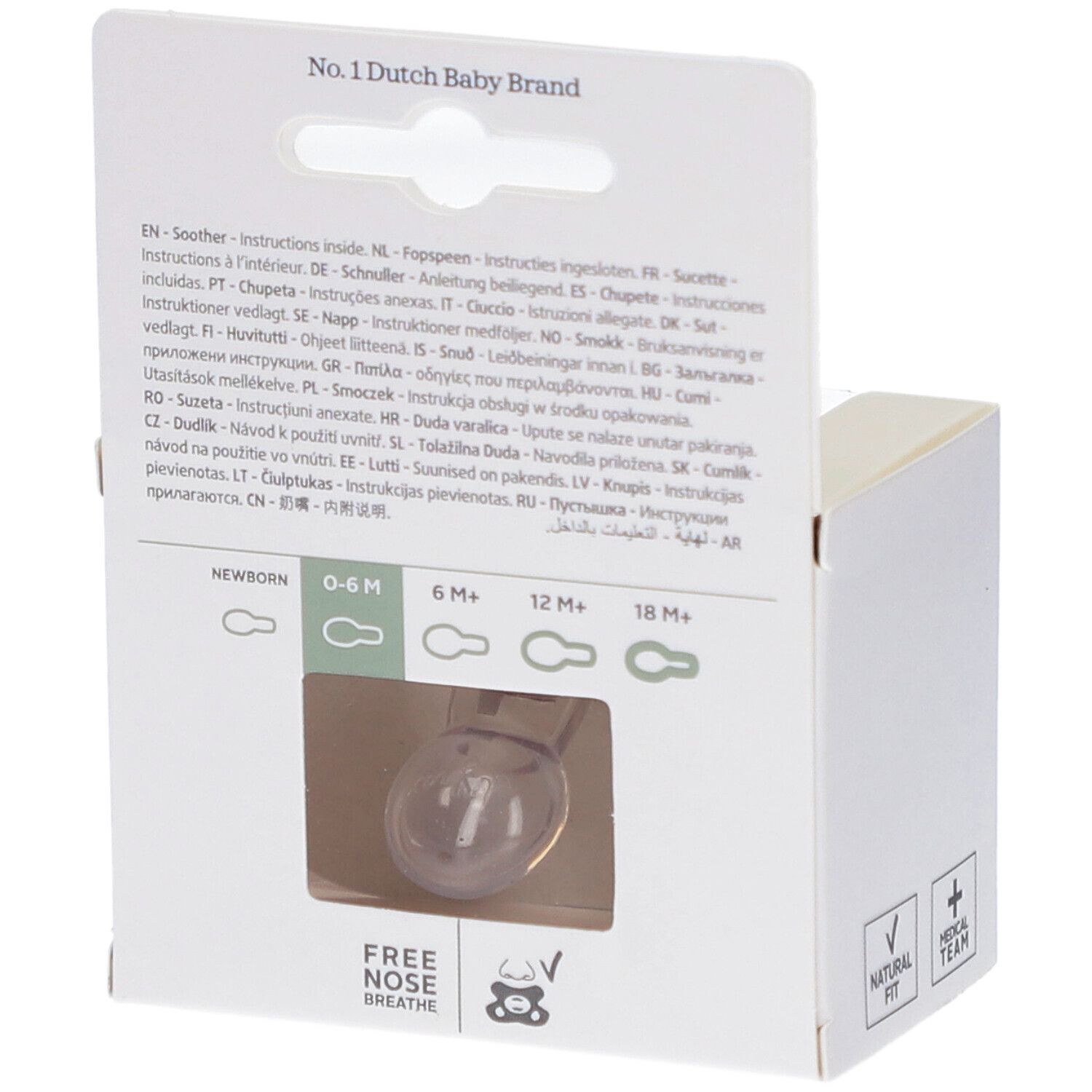 Dos de l'emballage. Texte multilingue. Fenêtre avec sucette. Texte : Free Nose Breathe, 0-6M.