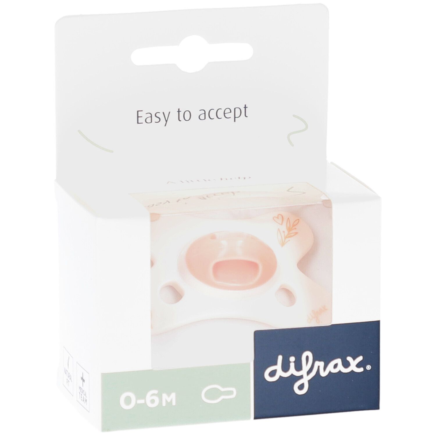 Emballage de sucette. Tétine rose, bouclier blanc. Marque : difrax. Âge : 0-6M. Texte : Easy to accept.