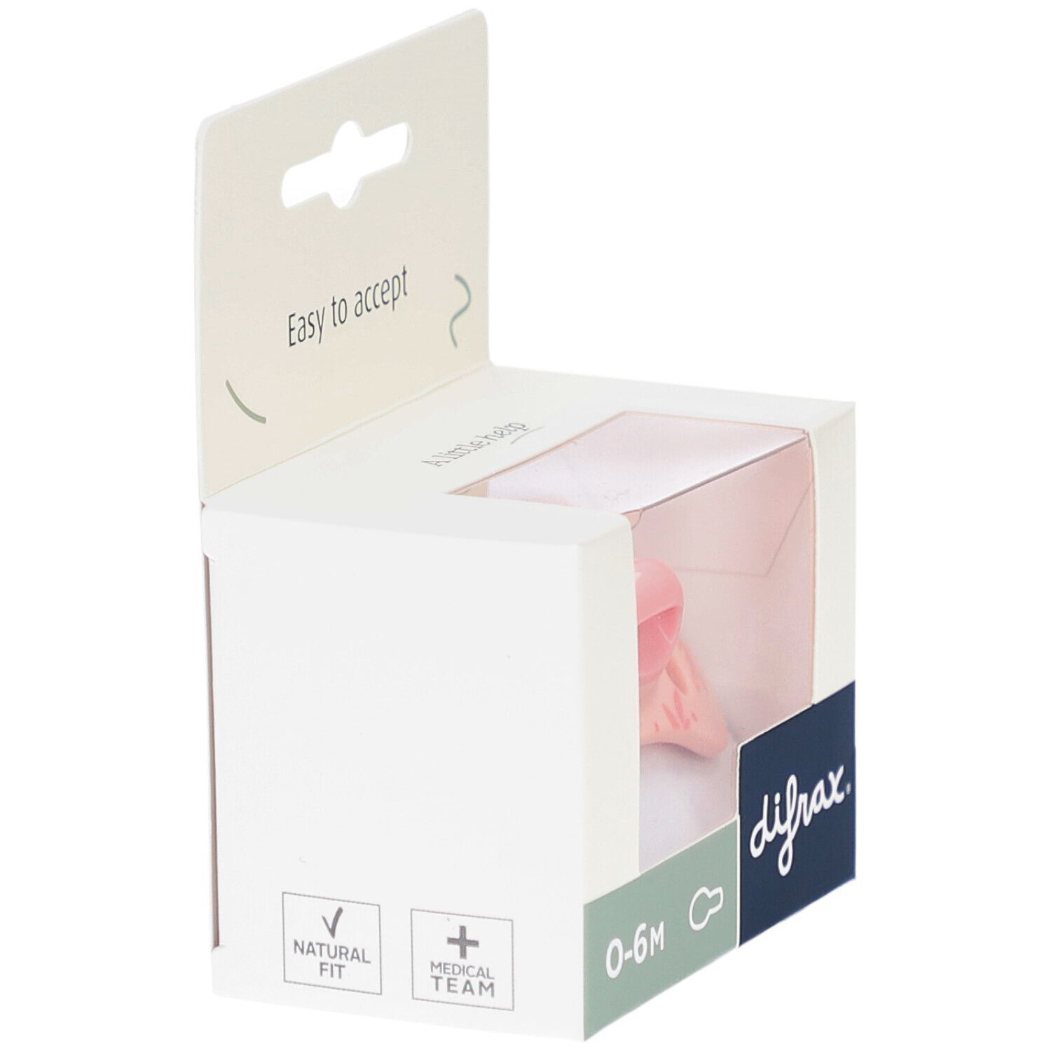 Verpakking met roze fopspeen. Merk difrax. Leeftijd: 0-6 maanden. Opschrift: Natural Fit, Medical Team.