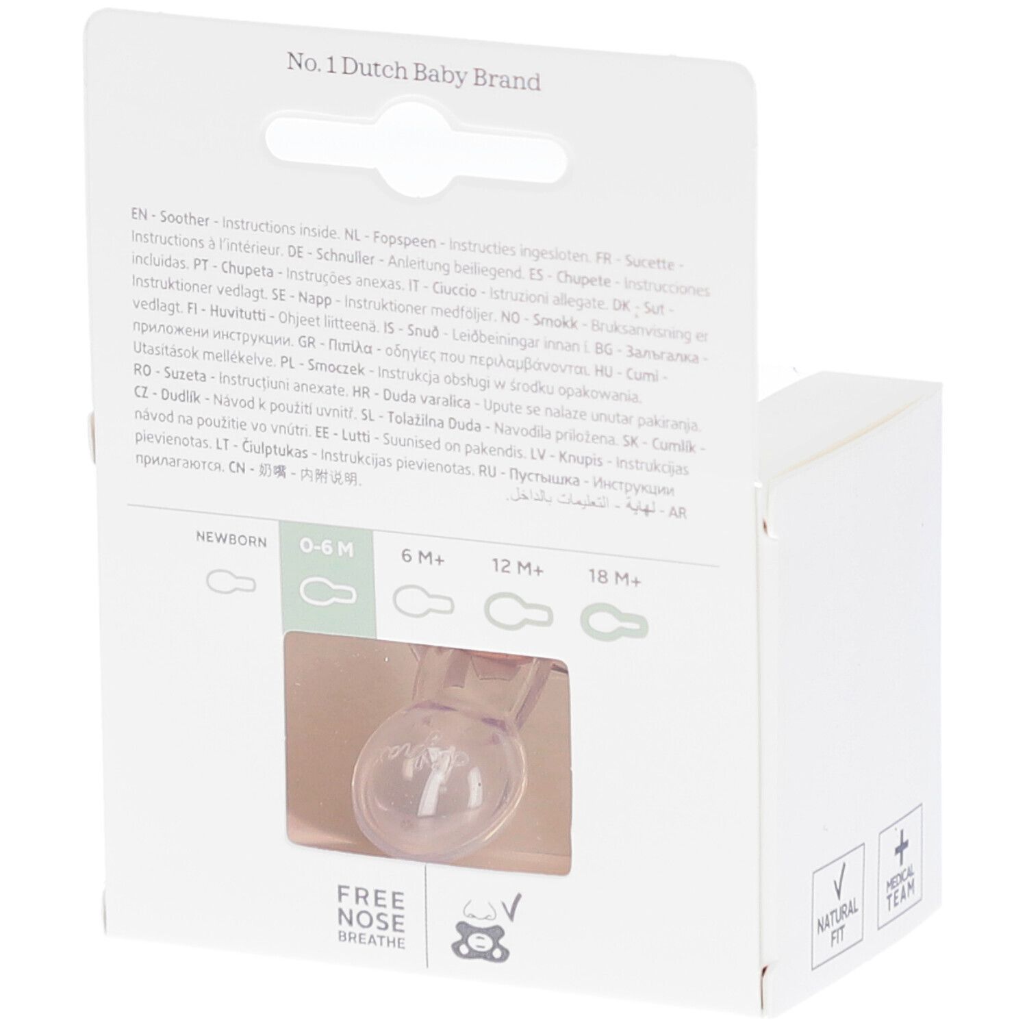 Achterkant van de verpakking. Fopspeen zichtbaar. Tekst: No. 1 Dutch Baby Brand. Leeftijden: 0-6M, 6M+, 12M+, 18M+.