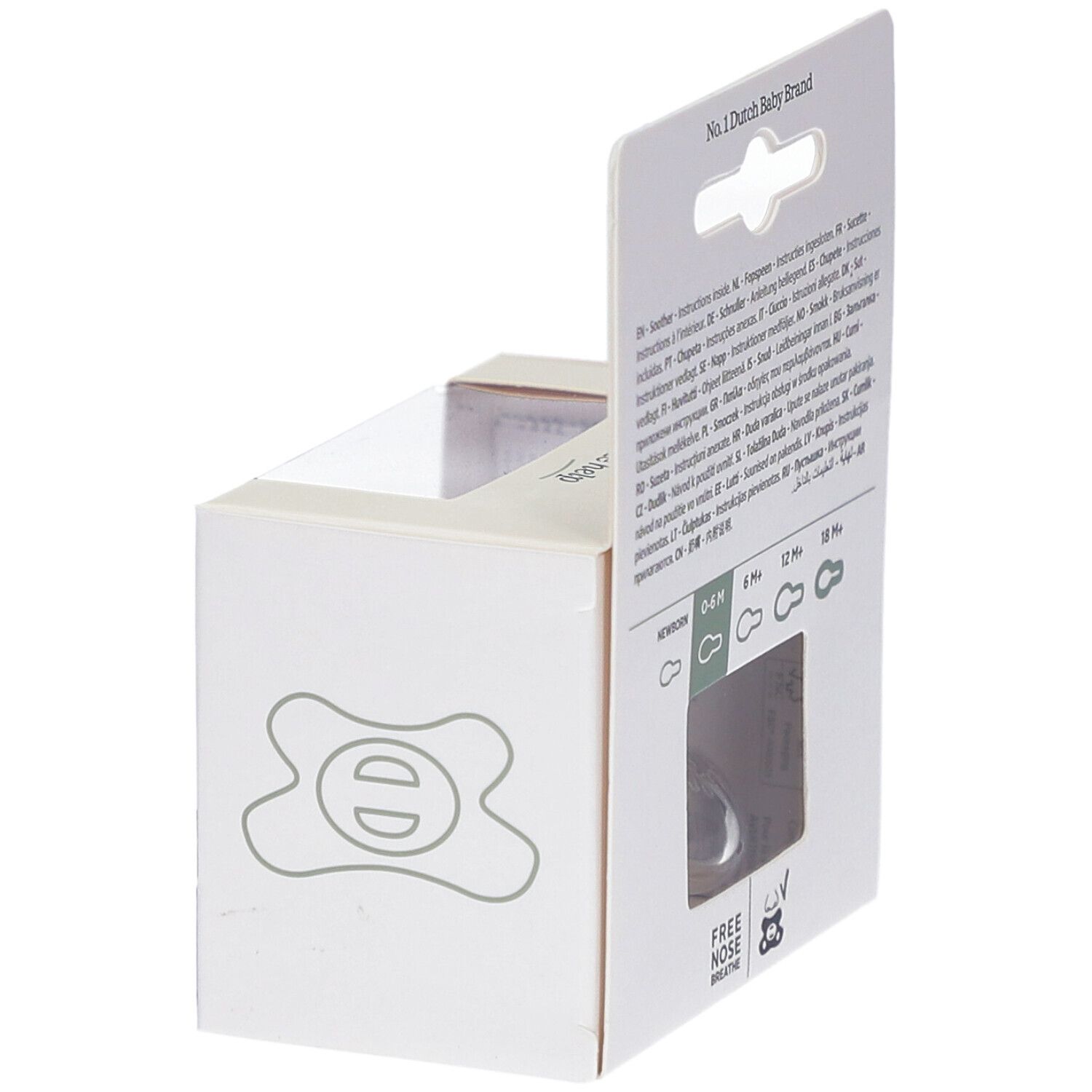 Verpakking, achterkant. Fopspeen zichtbaar. Tekst: No. 1 Dutch Baby Brand. Leeftijden: 0-6M, 6M+, 12M+, 18M+.