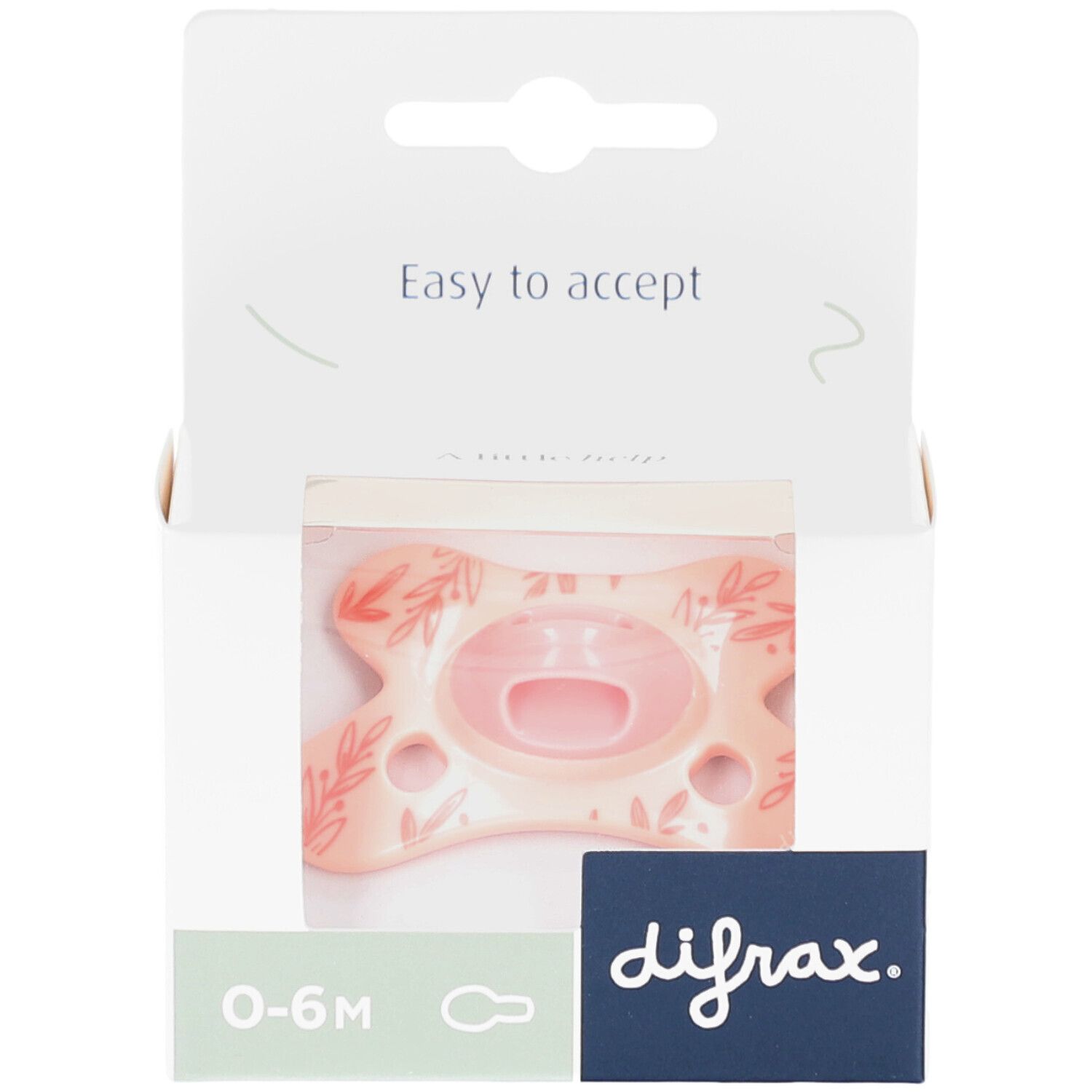 Roze fopspeen met bladeren in verpakking. Merk: difrax. Leeftijd: 0-6 maanden. Verpakking met venster.