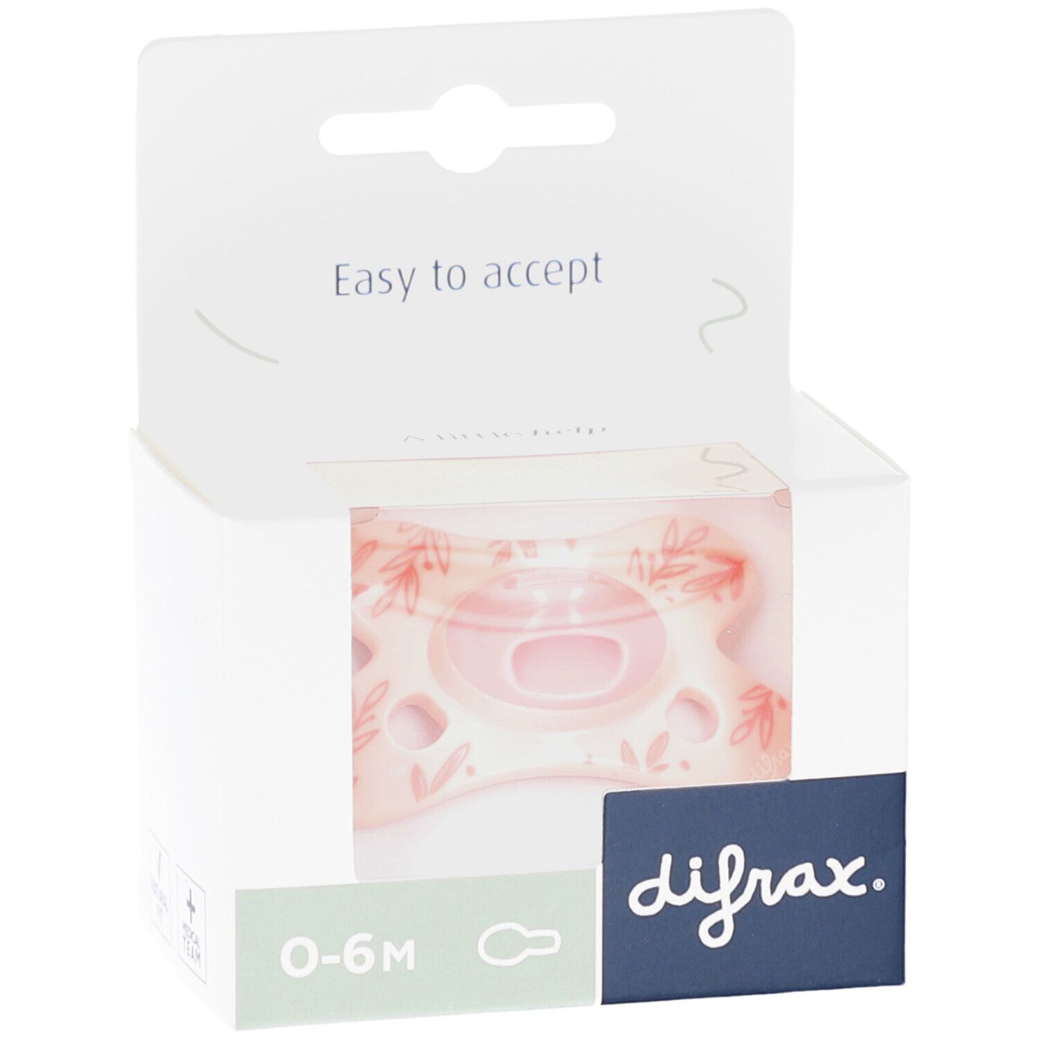 Roze fopspeen met bladeren in verpakking. Merk: difrax. Leeftijd: 0-6 maanden. Verpakking met venster.