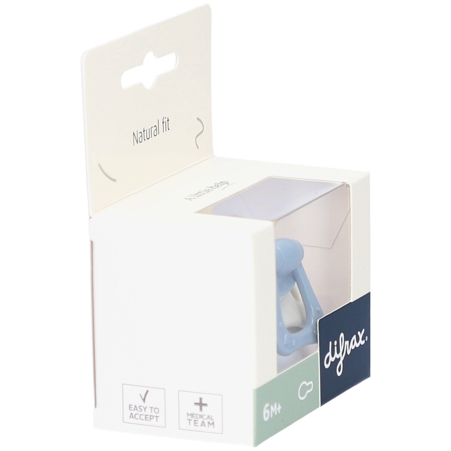 Blauwe fopspeen in witte verpakking. Opschrift: difrax, 6M+.
