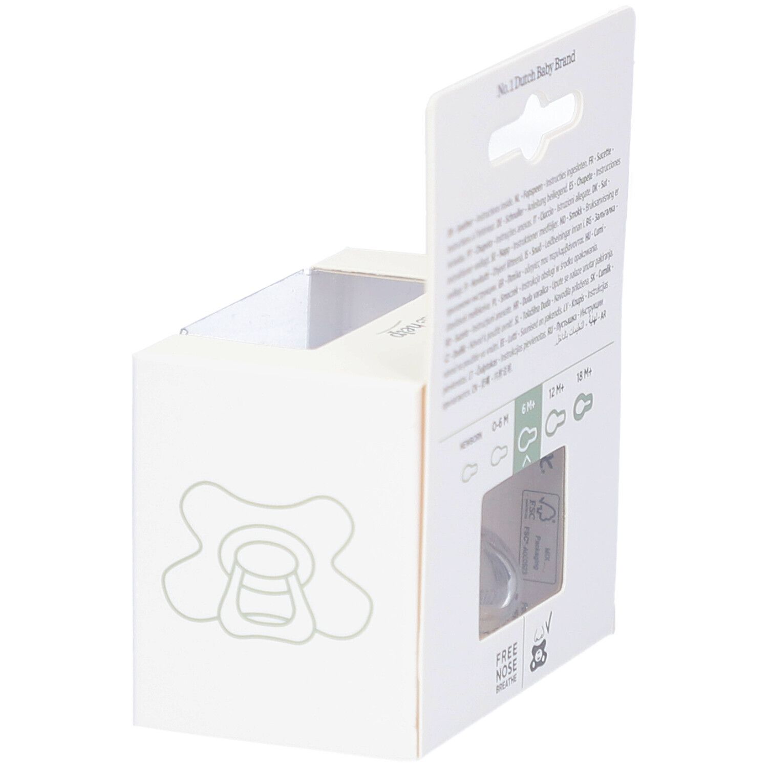 Witte verpakking met fopspeen-omtrek. Opschrift: Free Nose Breathe, 6M+.