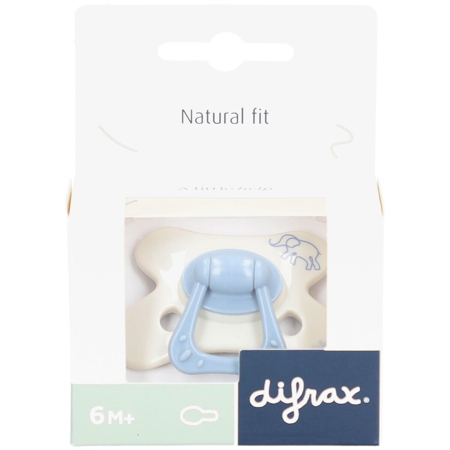 Blauwe fopspeen in verpakking. Opschrift: difrax, 6M+, Natural fit.