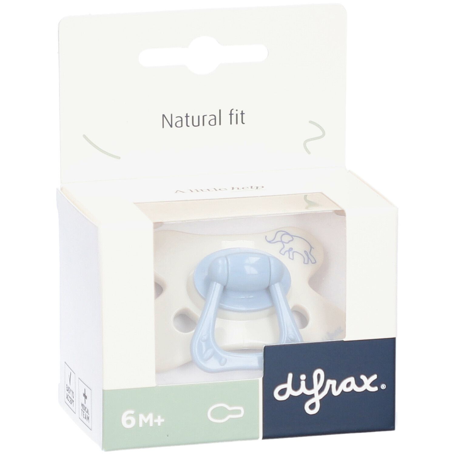 Blauwe fopspeen in verpakking. Opschrift: difrax, 6M+, Natural fit.