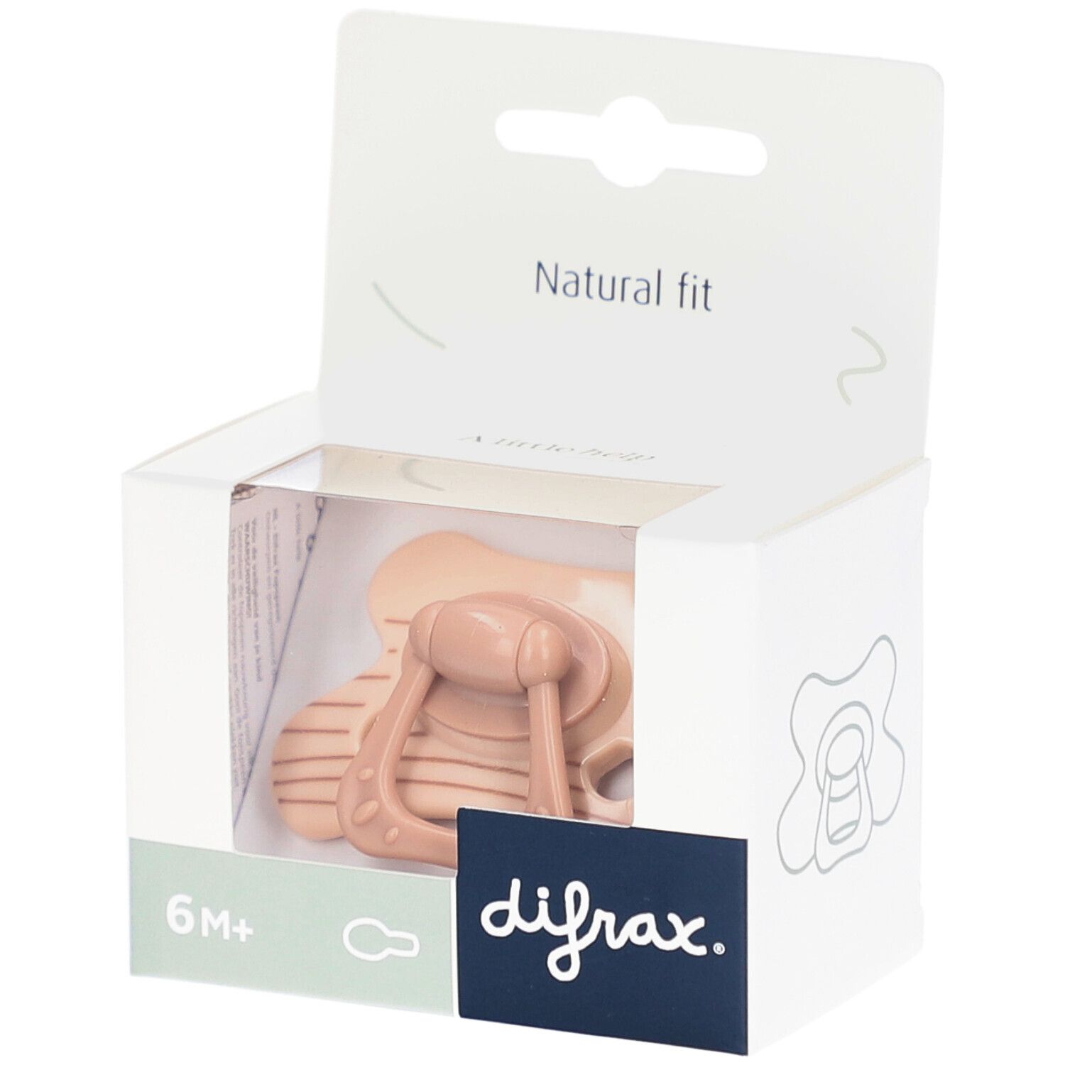 Emballage de sucette. Sucette beige à rayures marron. Marque : difrax. Recommandation d'âge : 6M+.