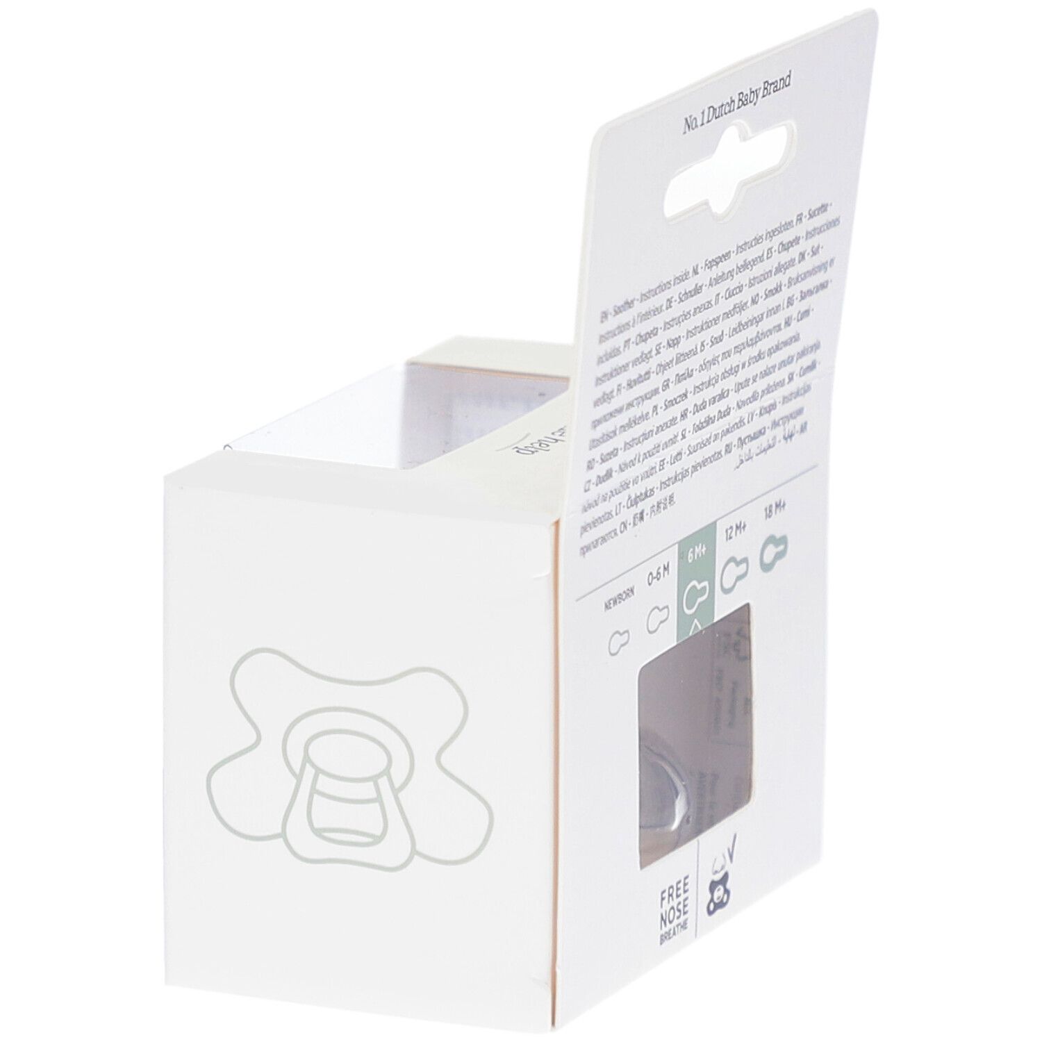 Dos de l'emballage de sucette. Texte : No. 1 Dutch Baby Brand. Recommandations d'âge : 0-6M, 6M, 12M, 18M+.