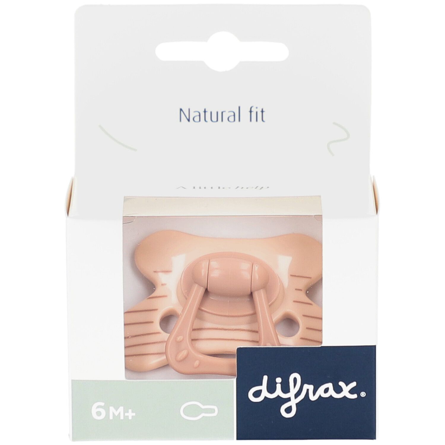 Emballage de sucette. Sucette beige à rayures marron. Marque : difrax. Recommandation d'âge : 6M+.