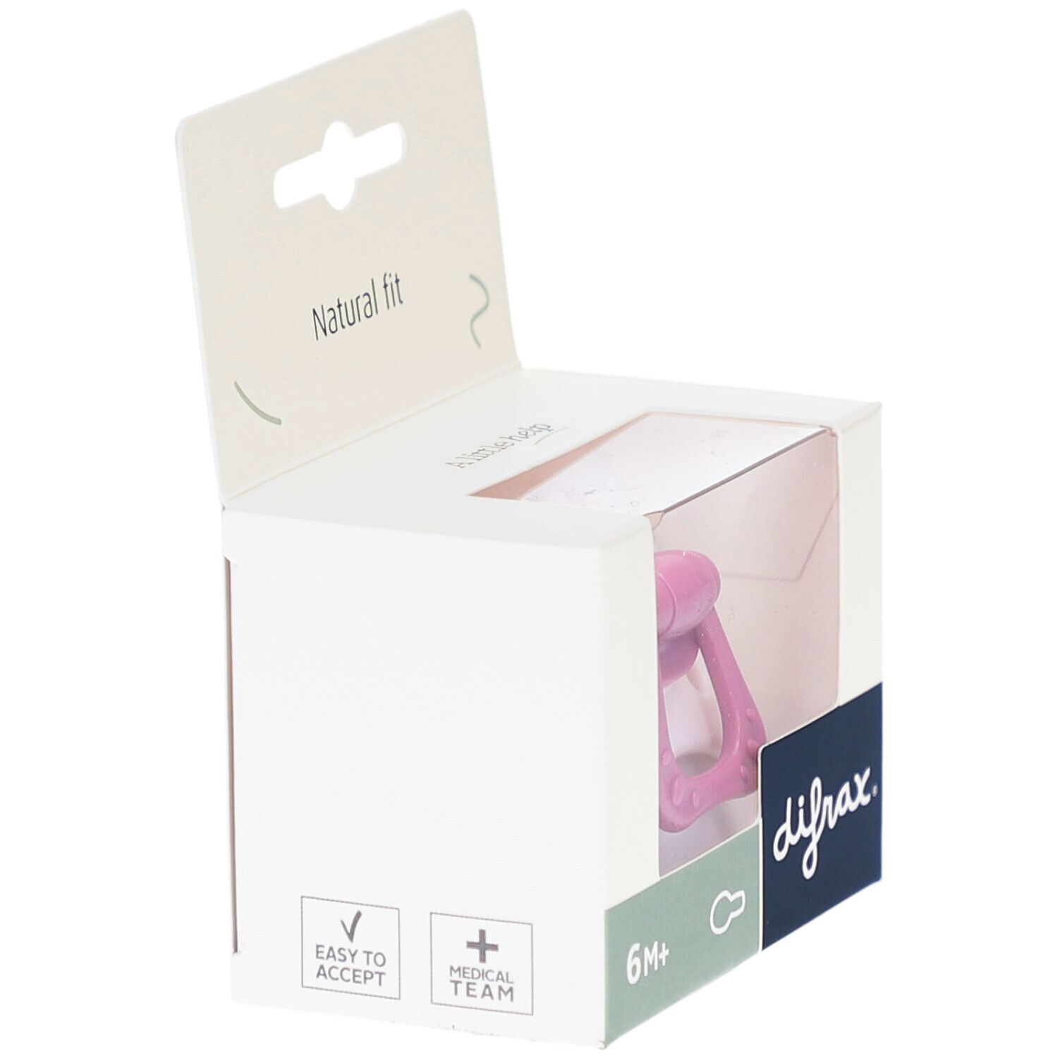 Roze fopspeen in witte verpakking. Opschrift: difrax, 6M+, Easy to accept, Medical team.