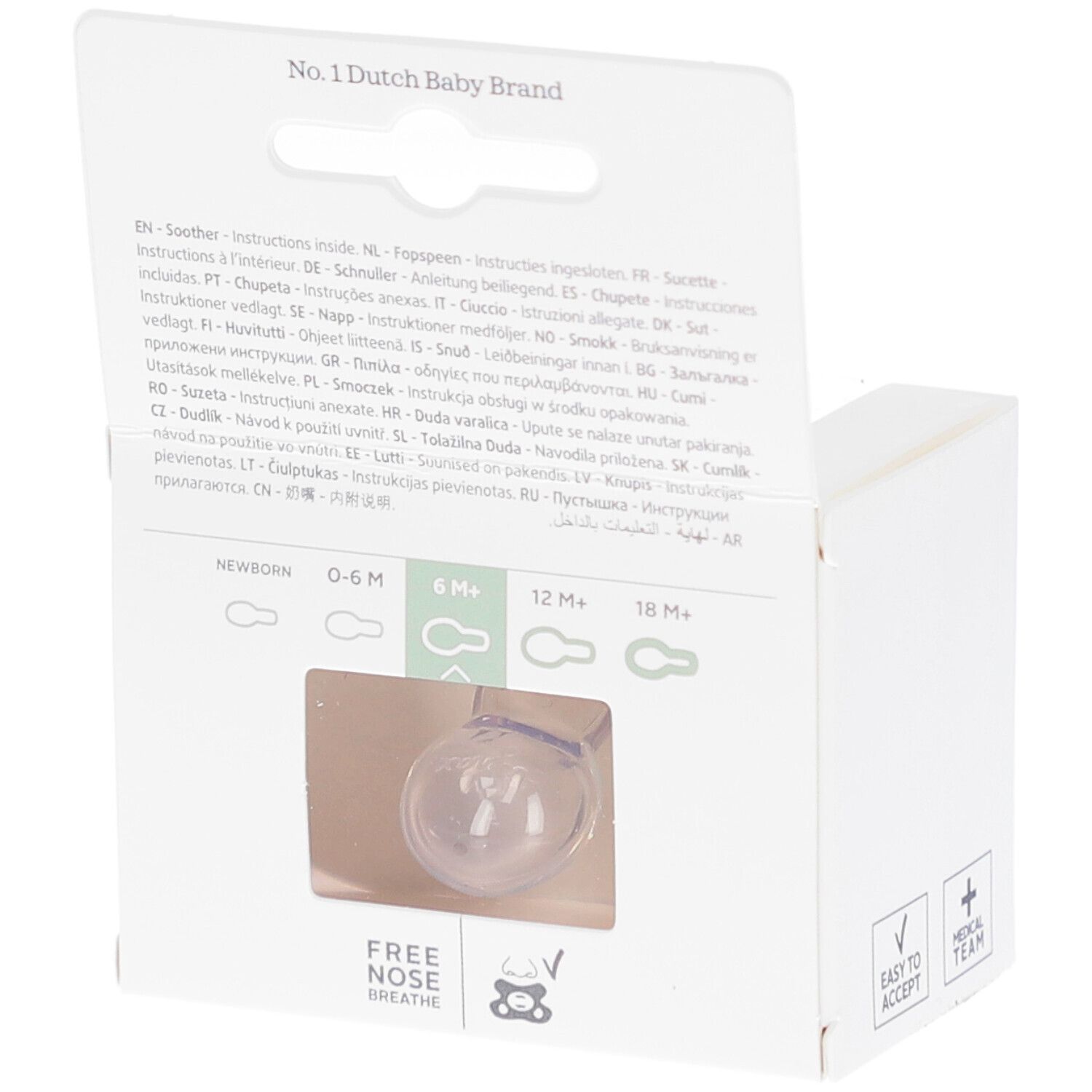 Achterkant van de verpakking met tekst in verschillende talen. Opschrift: No.1 Dutch Baby Brand.