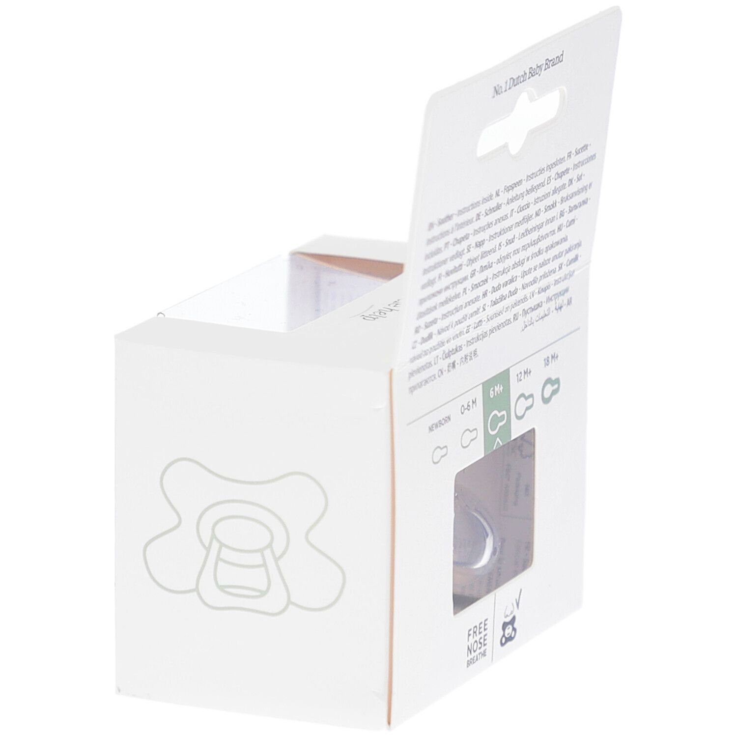 Achterkant van de verpakking met tekst in verschillende talen. Opschrift: No.1 Dutch Baby Brand.