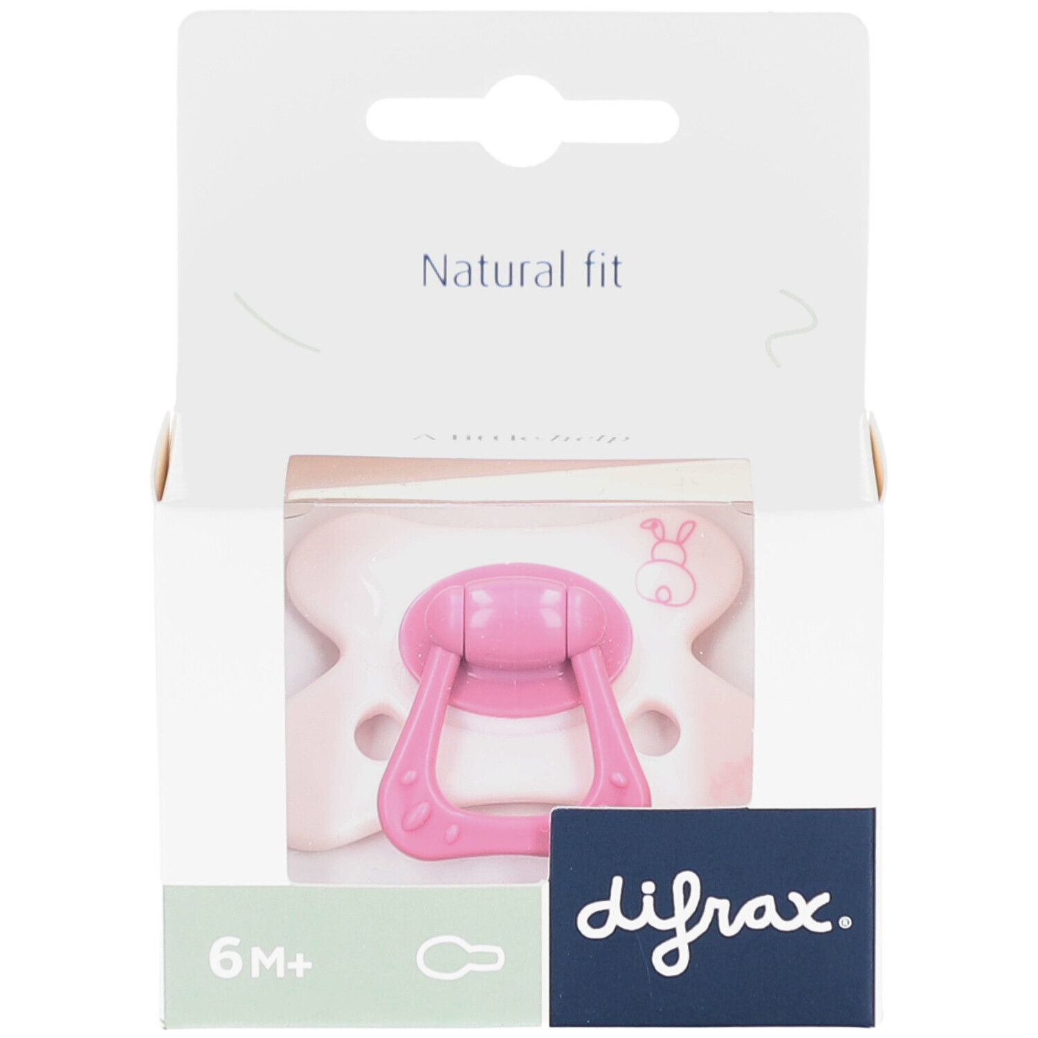 Roze fopspeen in witte verpakking. Opschrift: difrax, 6M+, Natural fit, konijn design.