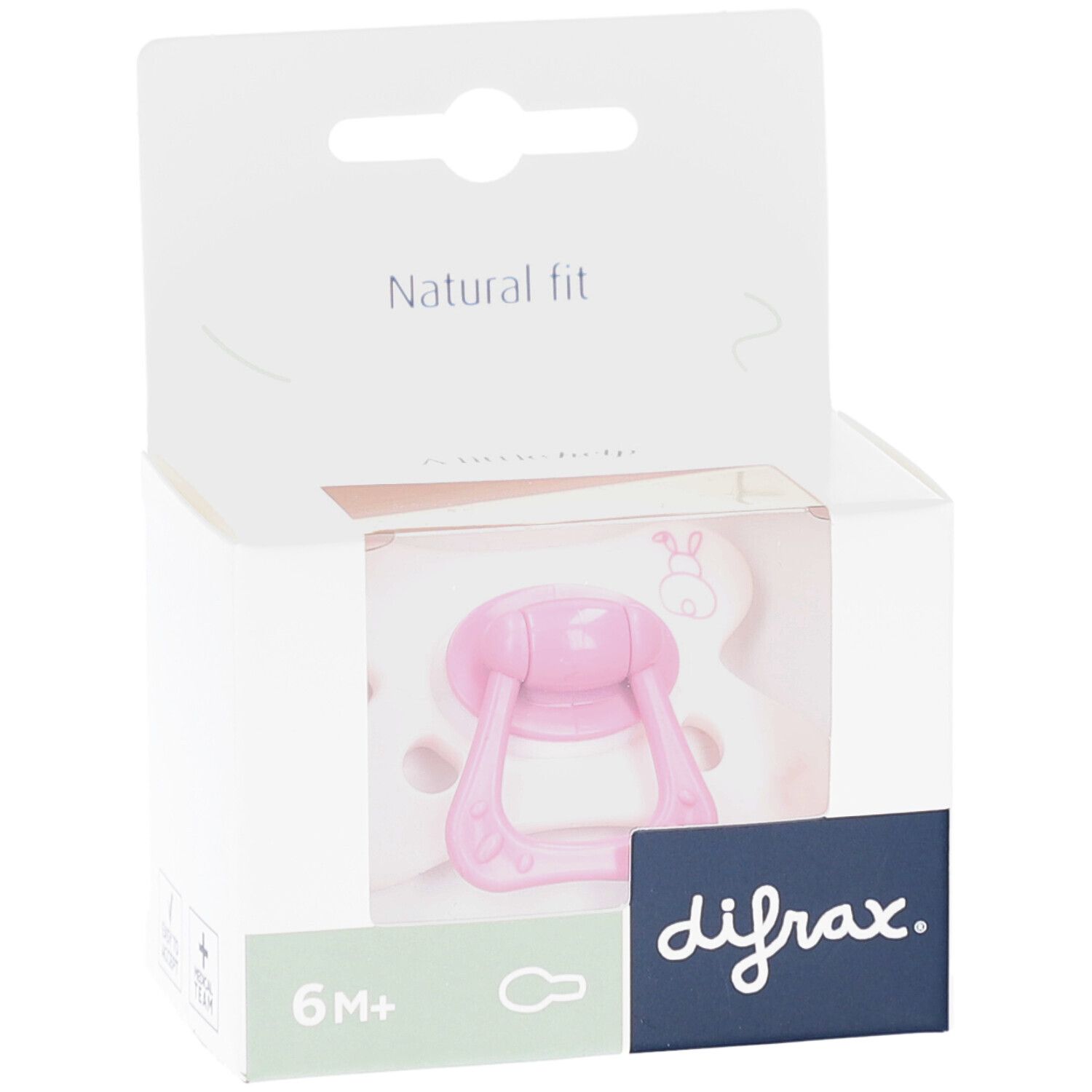 Roze fopspeen in witte verpakking. Opschrift: difrax, 6M+, Natural fit, konijn design.