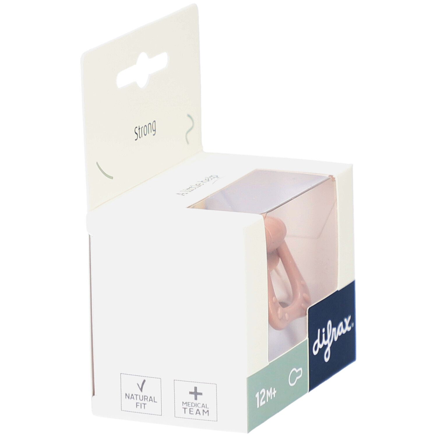 Verpakking met speen. Beige en roze. Teksten: difrax, 12M+ en Natural Fit.