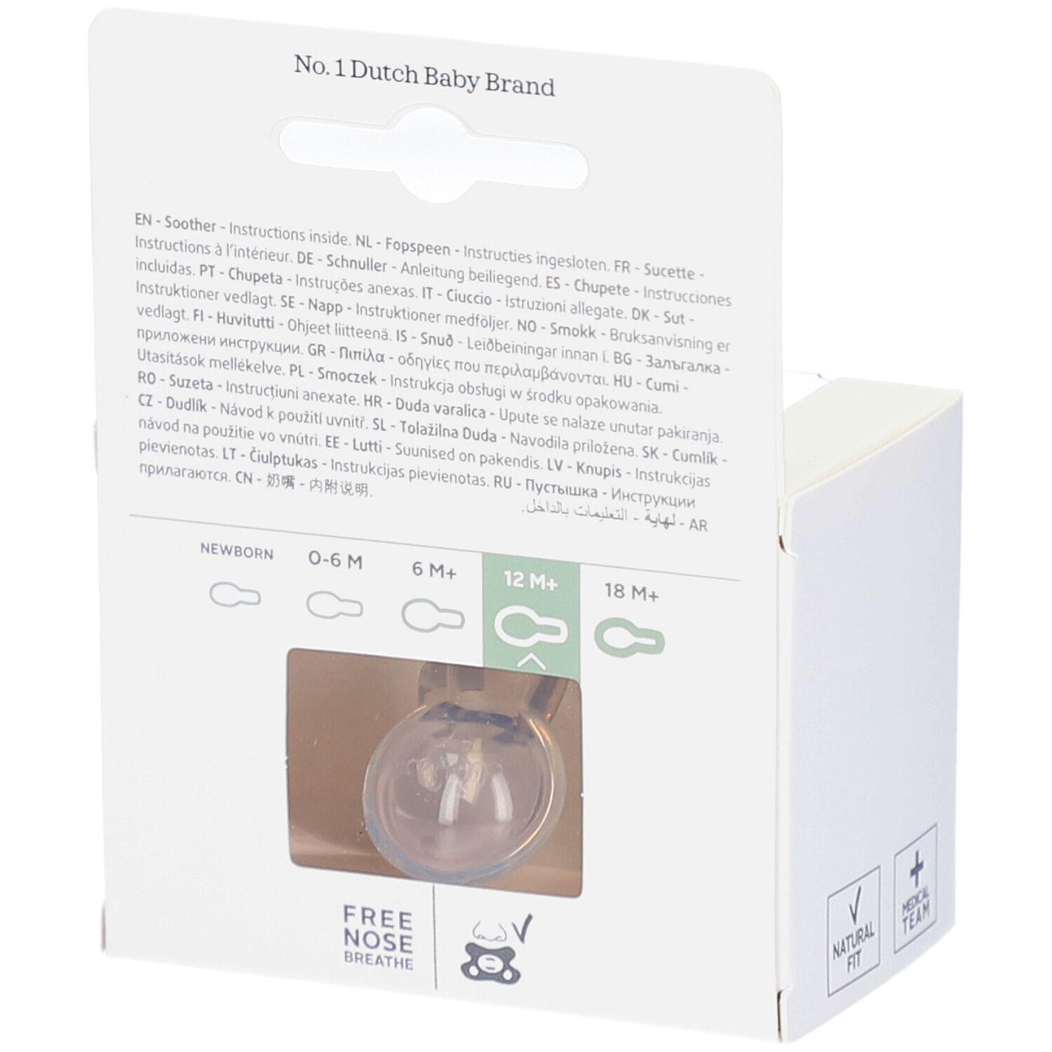 Achterkant verpakking. Meertalige tekst. Teksten: 12M+ en Natural Fit.