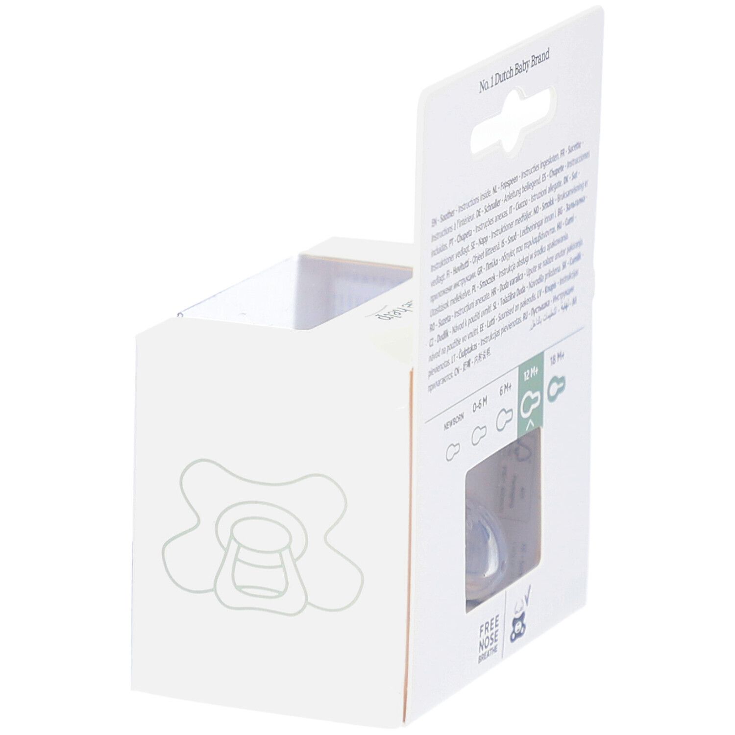 Verpakking met speen. Teksten: 12M+ en Natural Fit. Achterkant met tekst.