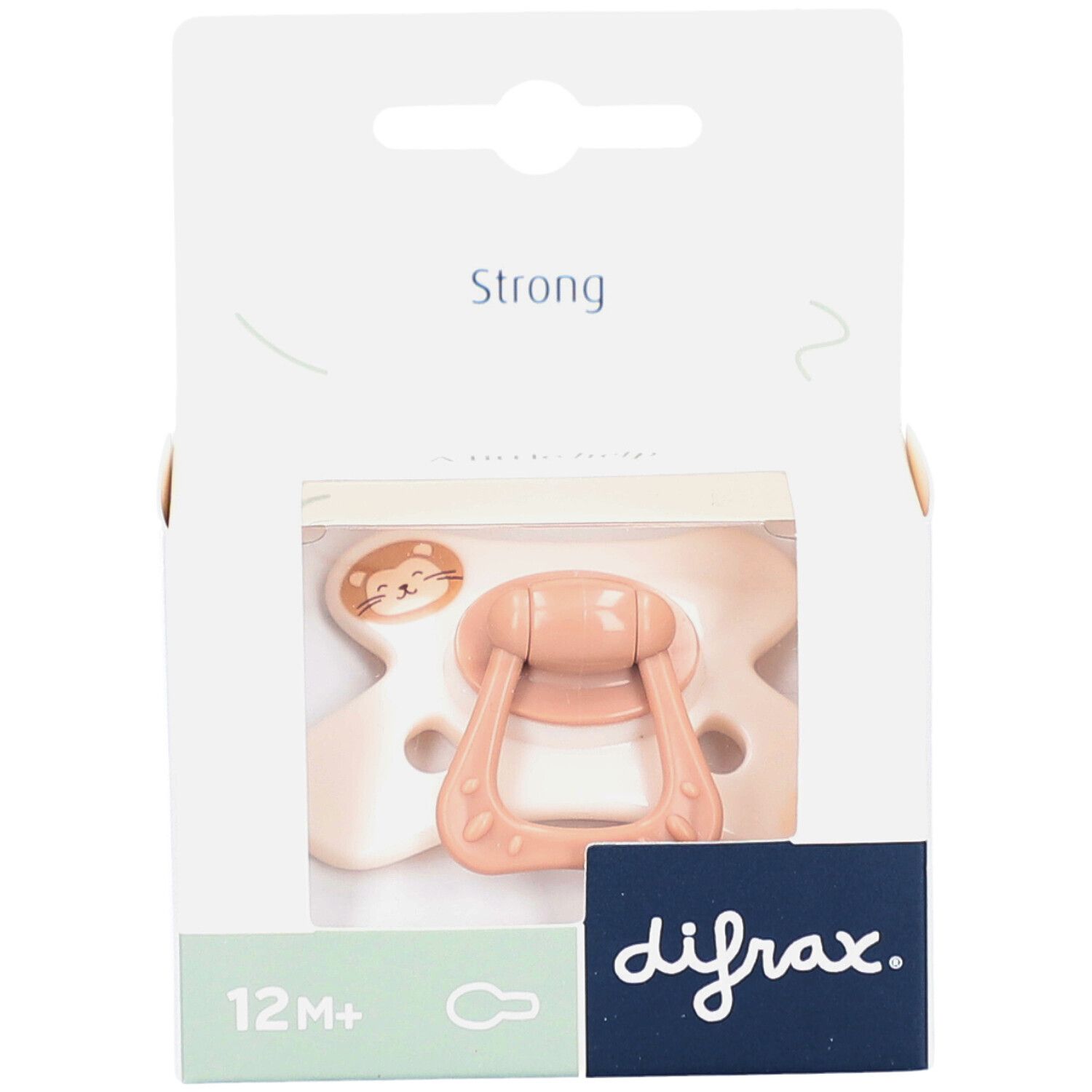 Speen in verpakking. Beige en roze, leeuwenmotief. Tekst 12M+ en difrax.