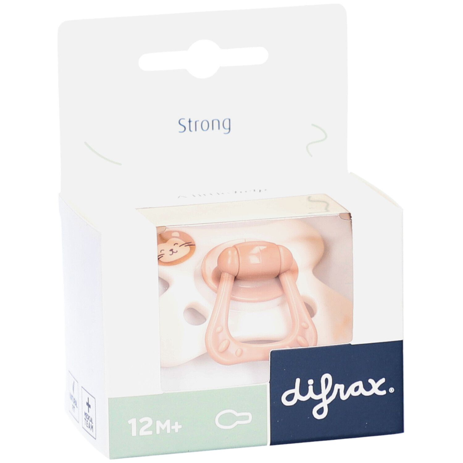 Verpakking met speen. Beige en roze, leeuwenmotief. Tekst 12M+ en difrax.