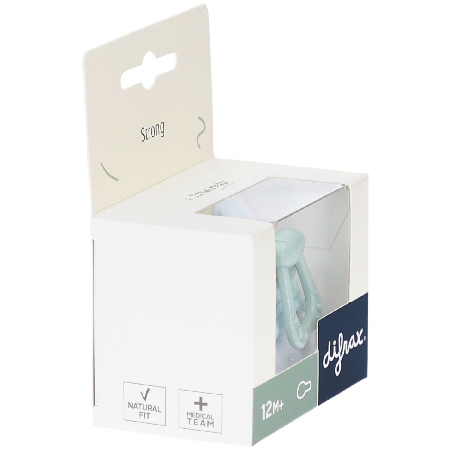 Mintkleurige fopspeen in verpakking. Zichtbaar: difrax-logo, 12M+. Verpakking met opschrift "Natural Fit" en "Medical Team".