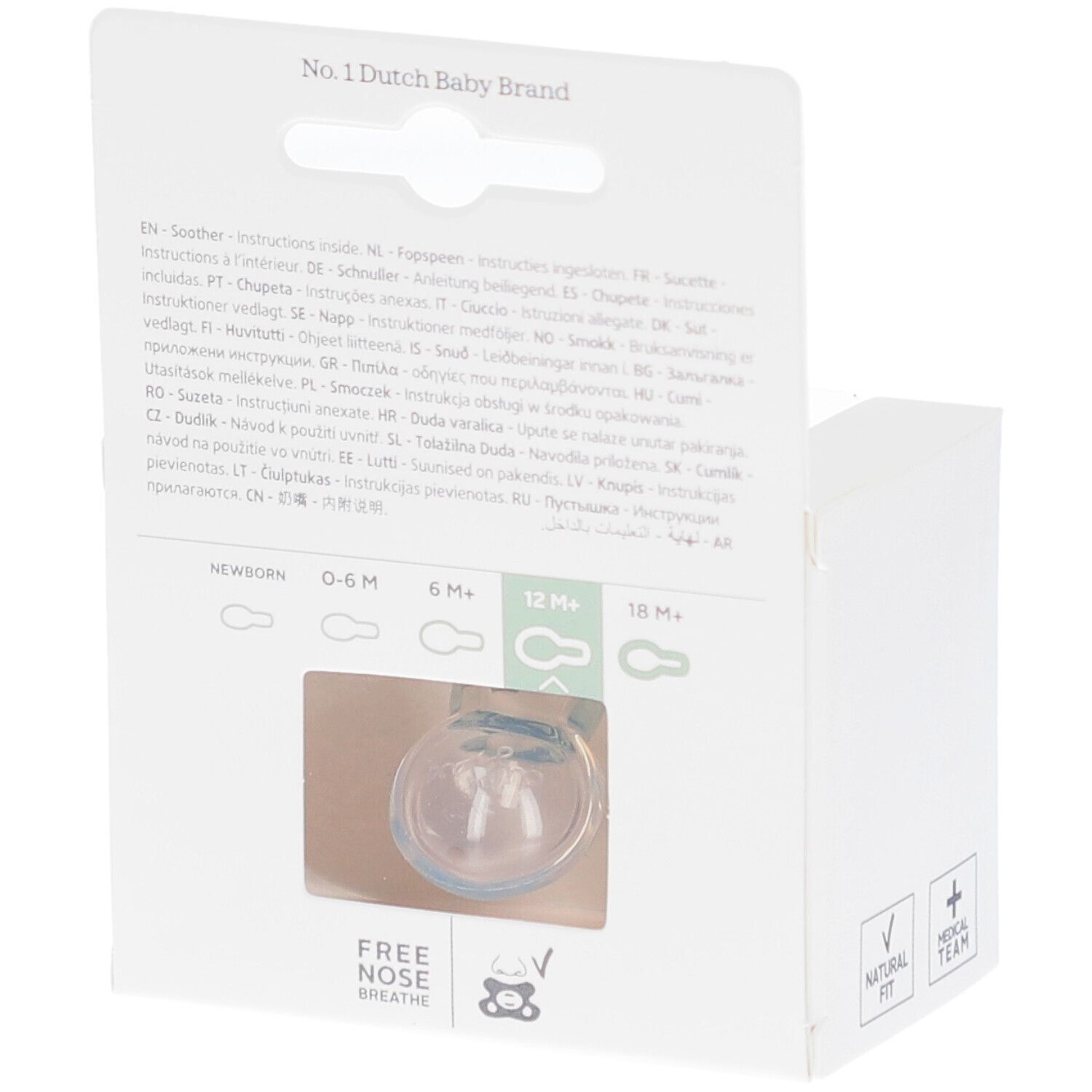 Achterkant van de verpakking. Zichtbaar: fopspeen, leeftijdsindicaties, meertalige tekst. Opschrift: "Free Nose Breathe".