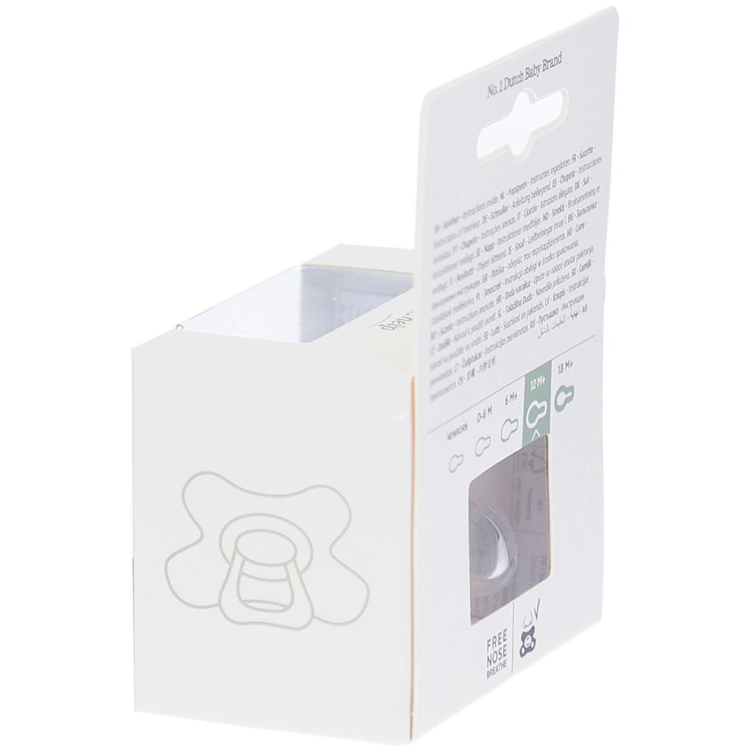 Verpakking, geopend. Zichtbaar: fopspeen, leeftijdsindicaties. Opschrift: "Free Nose Breathe". Meertalige tekst.