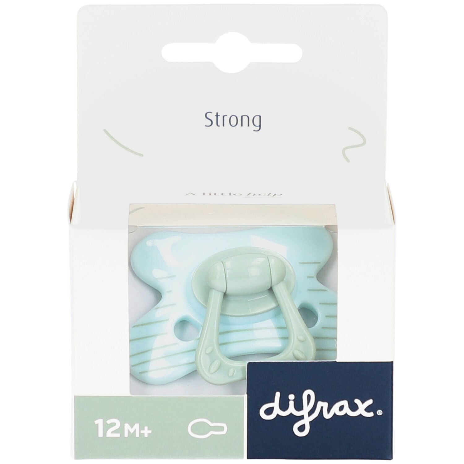 Mintkleurige fopspeen in verpakking. Zichtbaar: 12M+ en difrax-logo. Verpakking met opschrift "Strong".