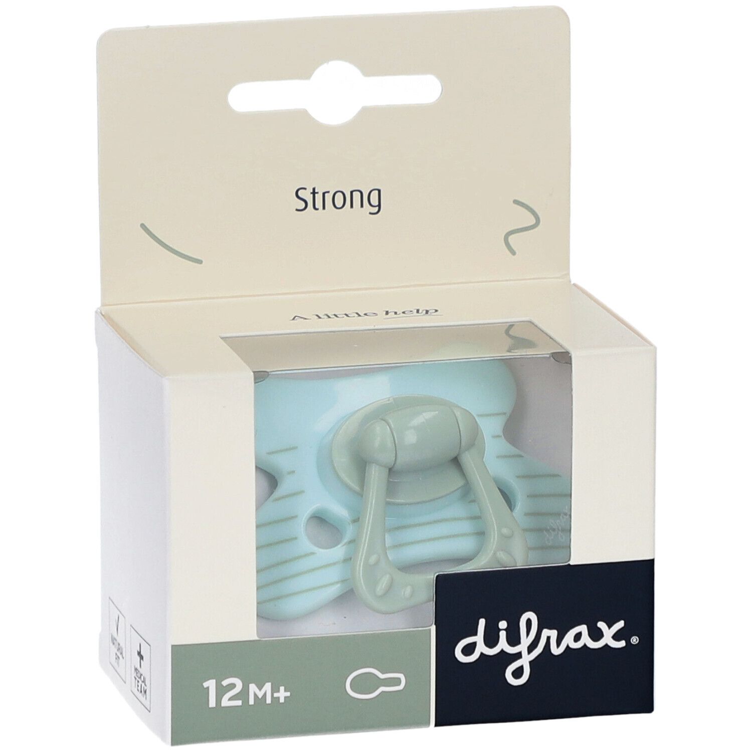 Mintkleurige fopspeen in verpakking. Zichtbaar: 12M+ en difrax-logo. Verpakking met opschrift "Strong".