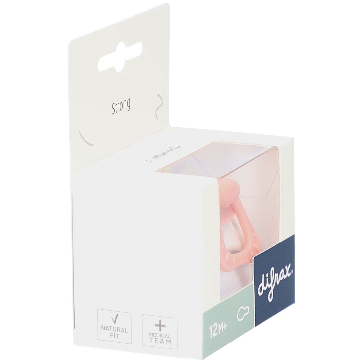 Verpakking met roze fopspeen. Zichtbaar: difrax-logo, 12M+.