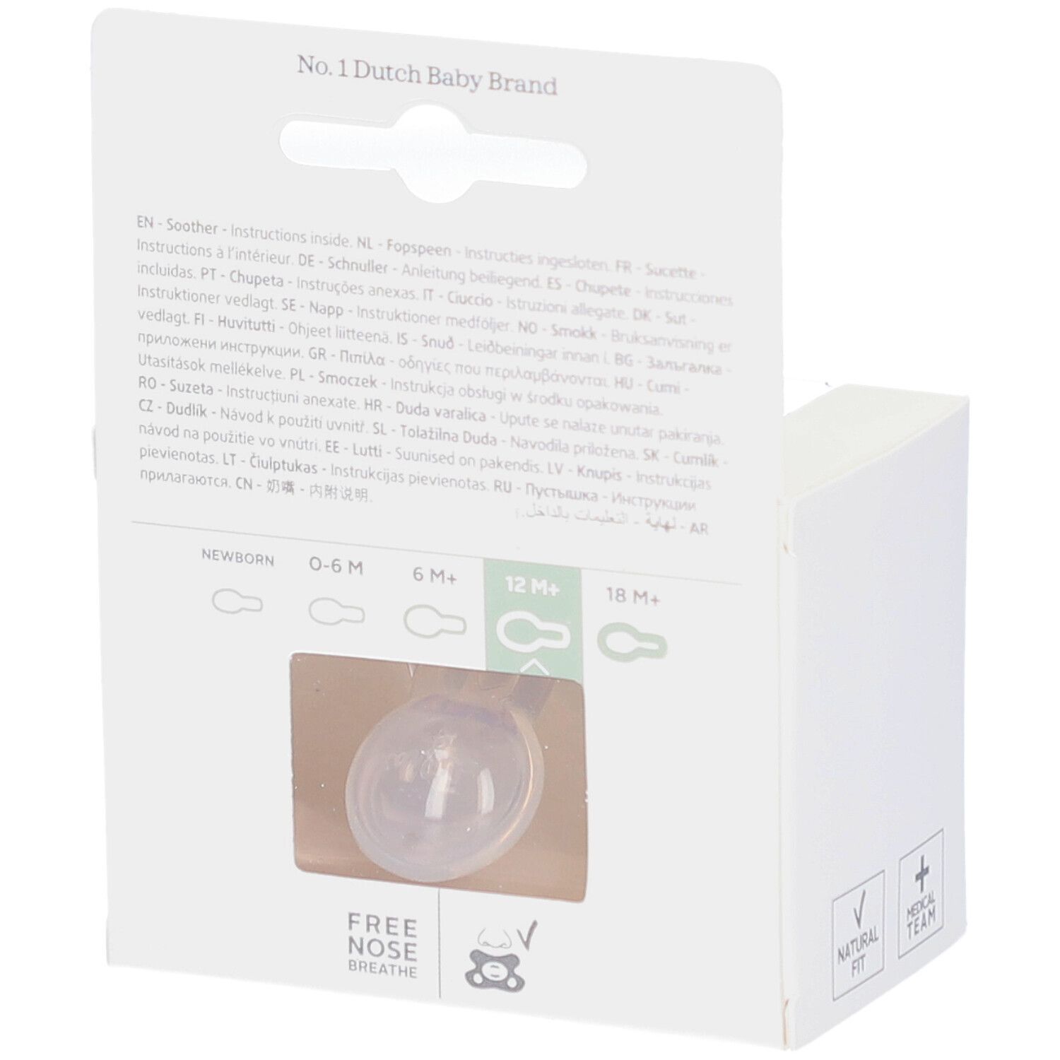 Achterkant van de verpakking met fopspeen. Meertalige tekst. Zichtbaar: 12M+.