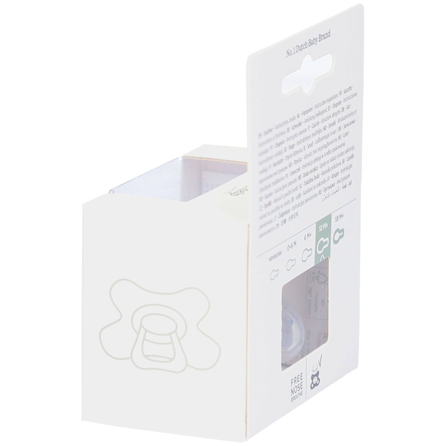 Verpakking met fopspeen. Achterkant met tekst. Zichtbaar: 12M+.