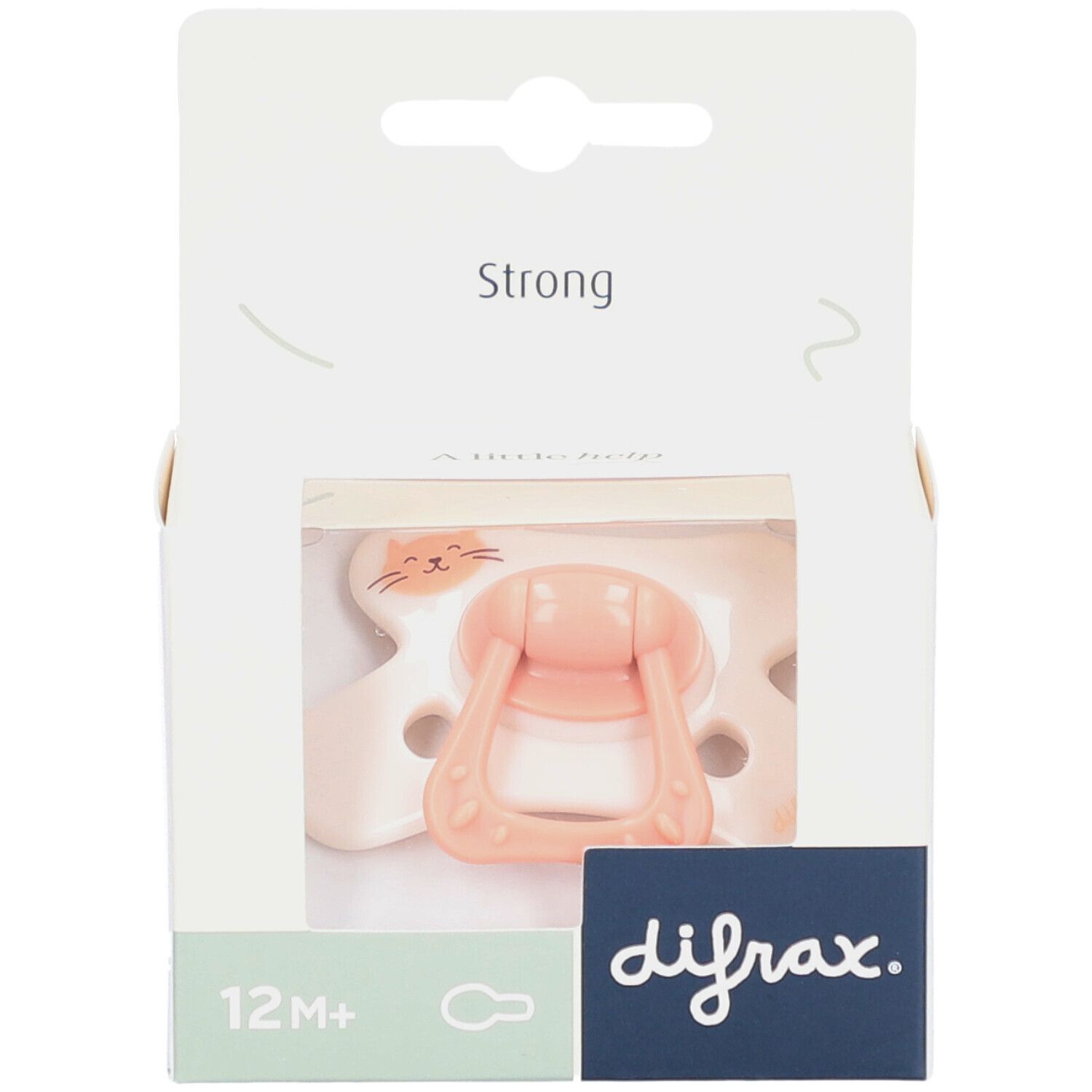 Roze fopspeen met kattenmotief in verpakking. Zichtbaar: difrax-logo, 12M+.