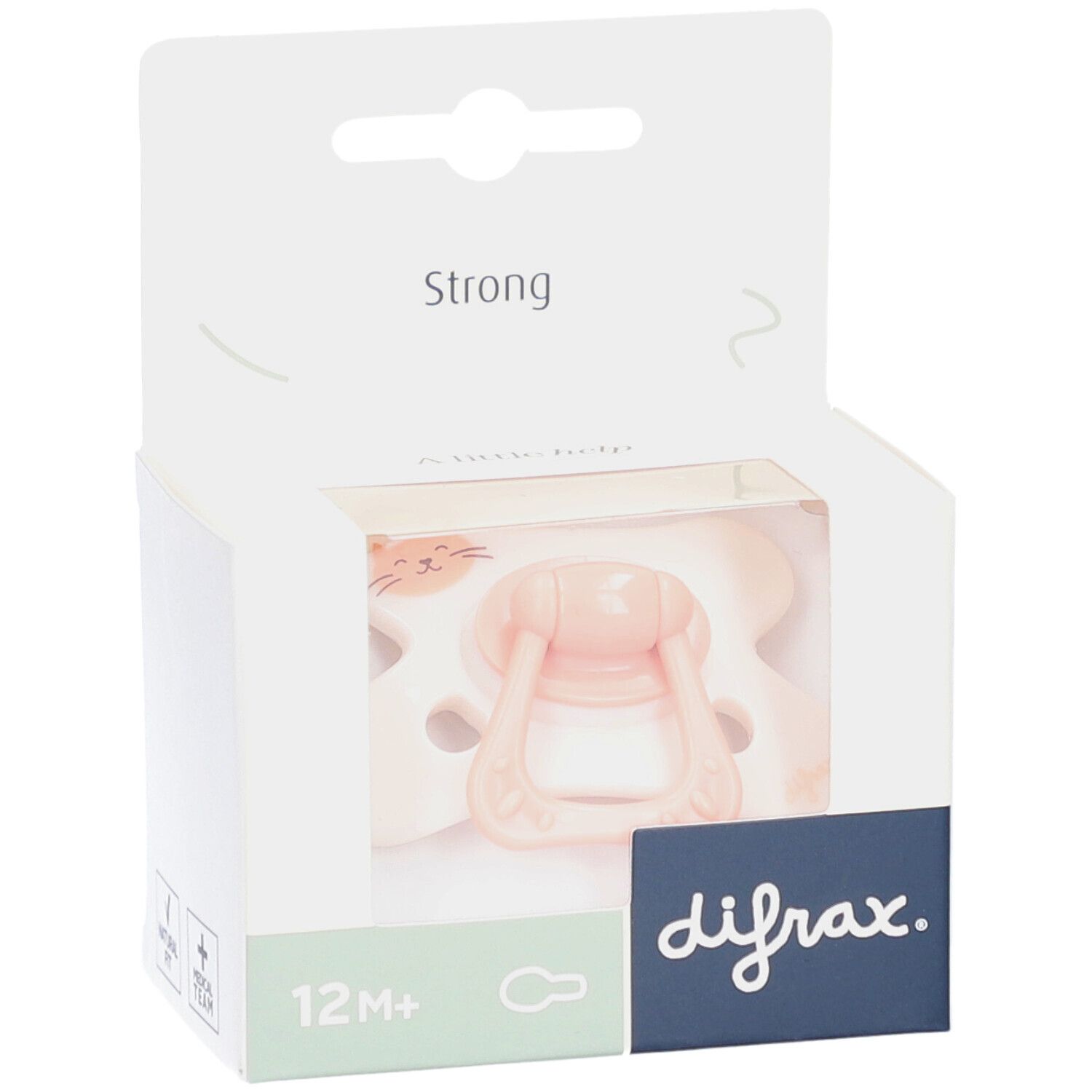 Verpakking met roze fopspeen en kattenmotief. Zichtbaar: difrax-logo, 12M+.