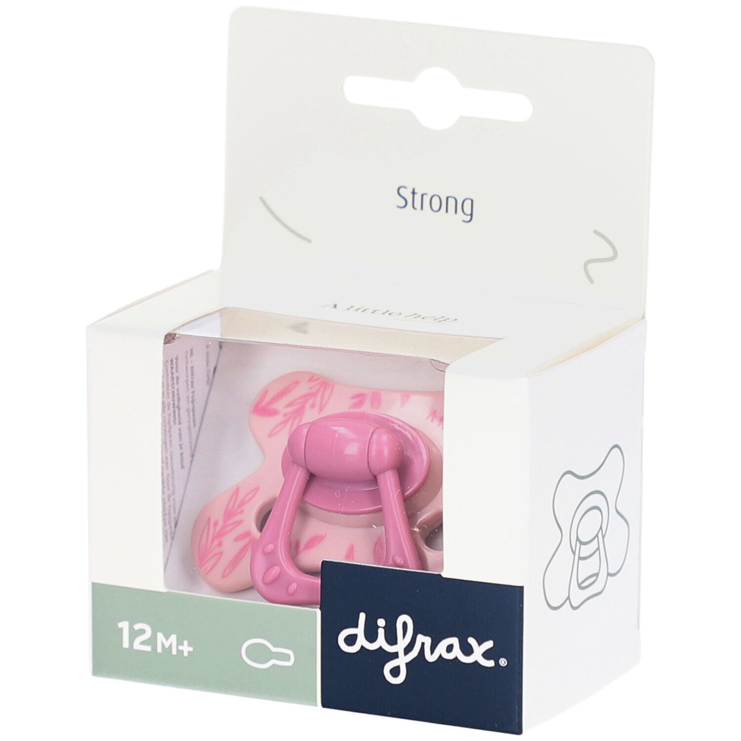 Roze fopspeen in verpakking. Opschriften: 12M+, difrax., Strong. Bladmotief op de fopspeen.