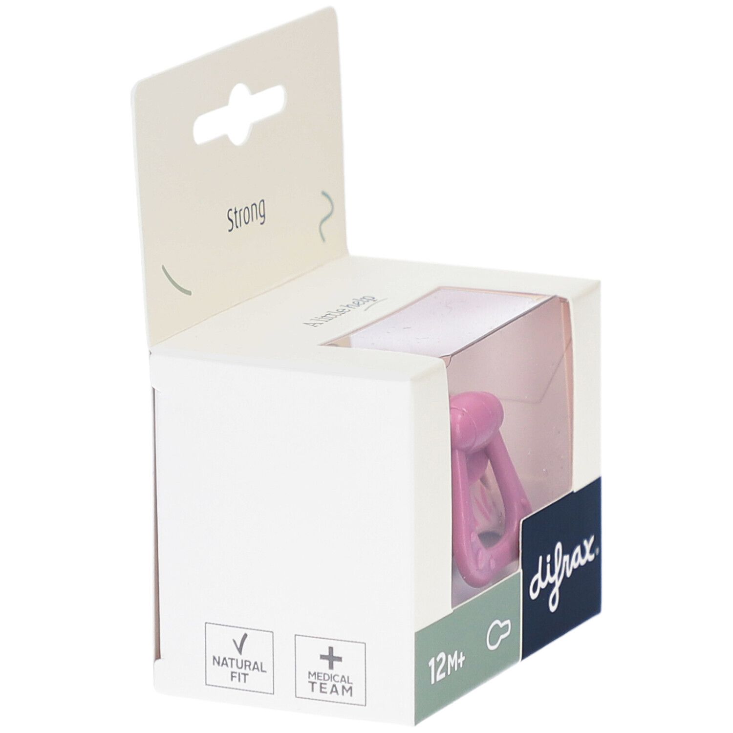 Roze fopspeen in verpakking. Opschriften: 12M+, difrax., Natural Fit, Medical Team.