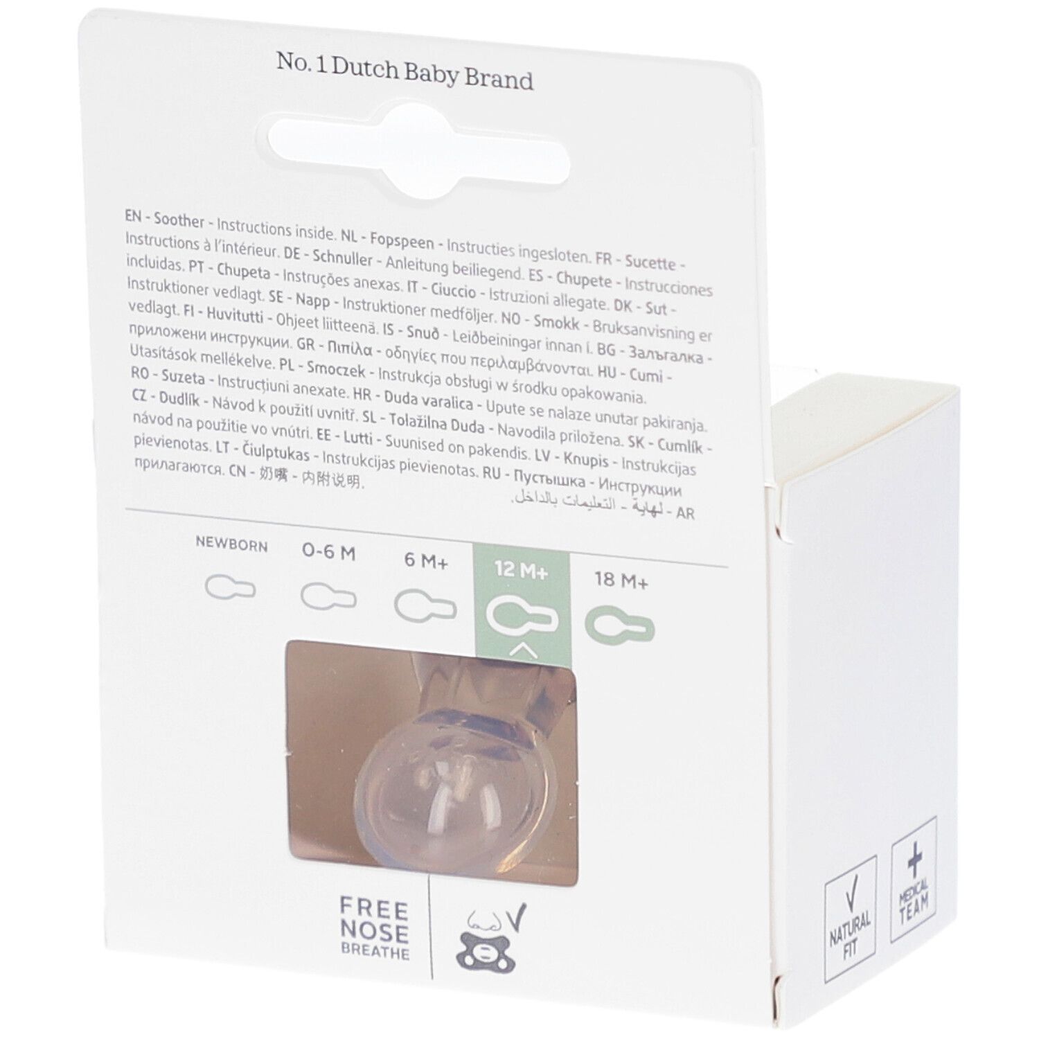 Achterkant van de verpakking. Opschriften: No. 1 Dutch Baby Brand, 12M+, Natural Fit, Medical Team.