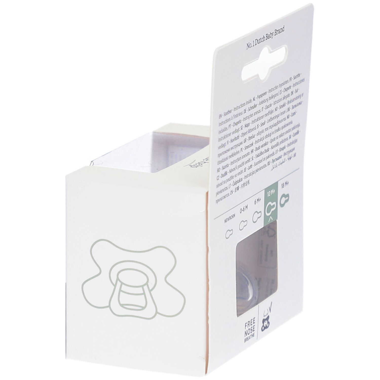 Verpakking, achterkant. Opschriften: No. 1 Dutch Baby Brand, 12M+, Natural Fit, Free Nose.