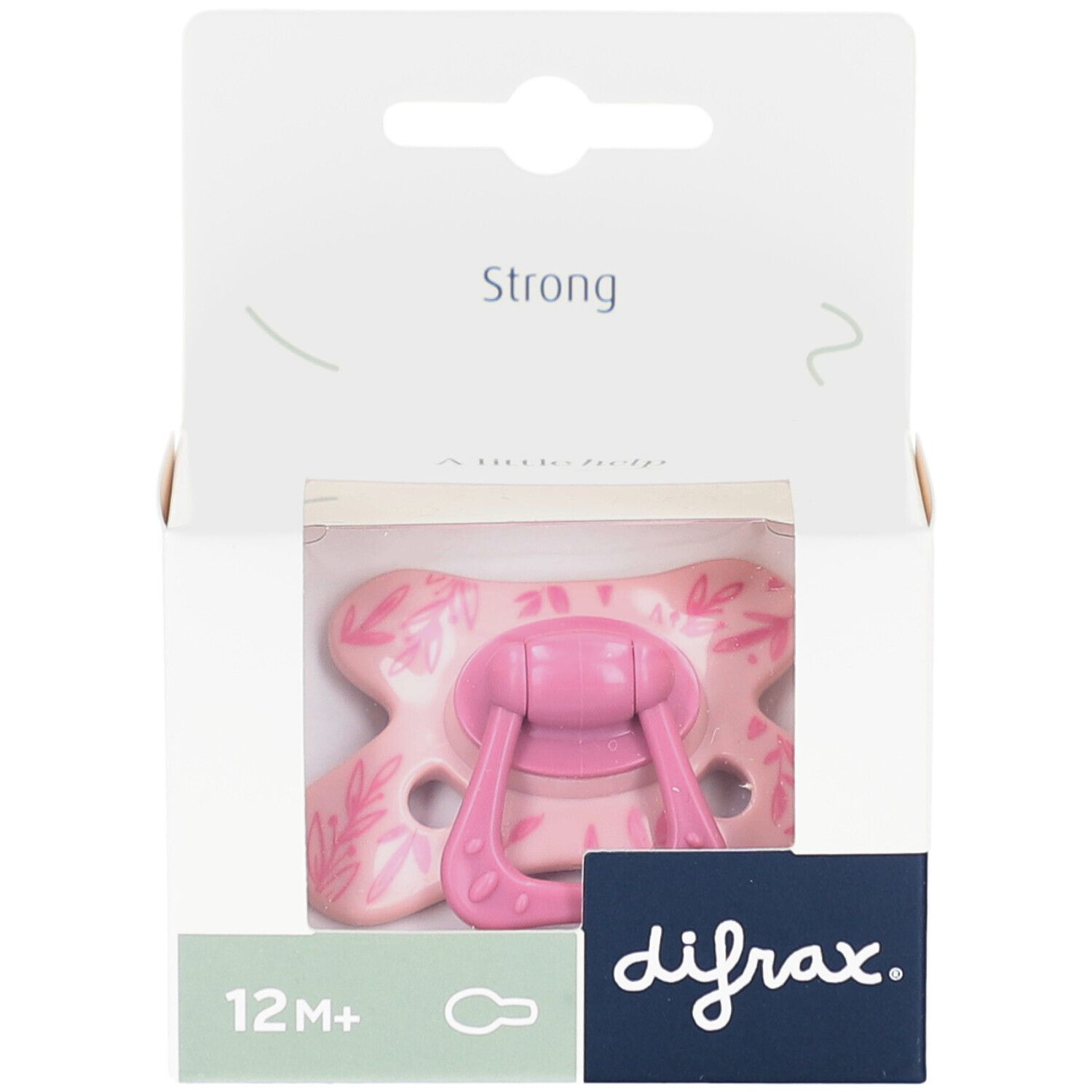 Roze fopspeen in verpakking. Opschriften: 12M+, difrax., Strong. Bladmotief op de fopspeen.