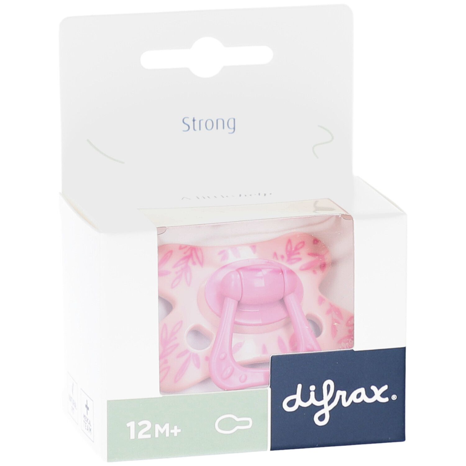 Roze fopspeen in verpakking. Opschriften: 12M+, difrax., Strong. Bladmotief op de fopspeen.