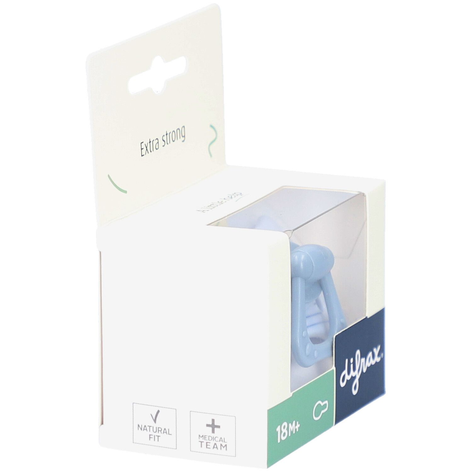 Verpakking met speen. Lichtblauwe speen zichtbaar. Opschriften "Natural Fit" en "Medical Team".
