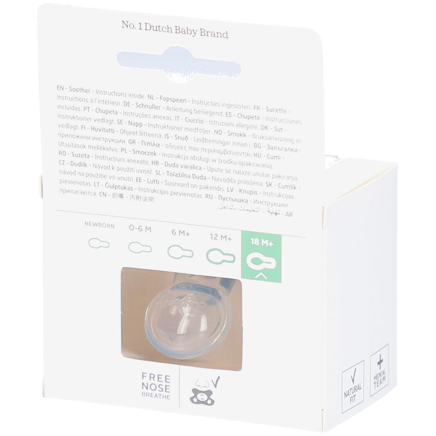 Verpakking met speen. Achterkant met meertalige tekst. Venster met speen zichtbaar.